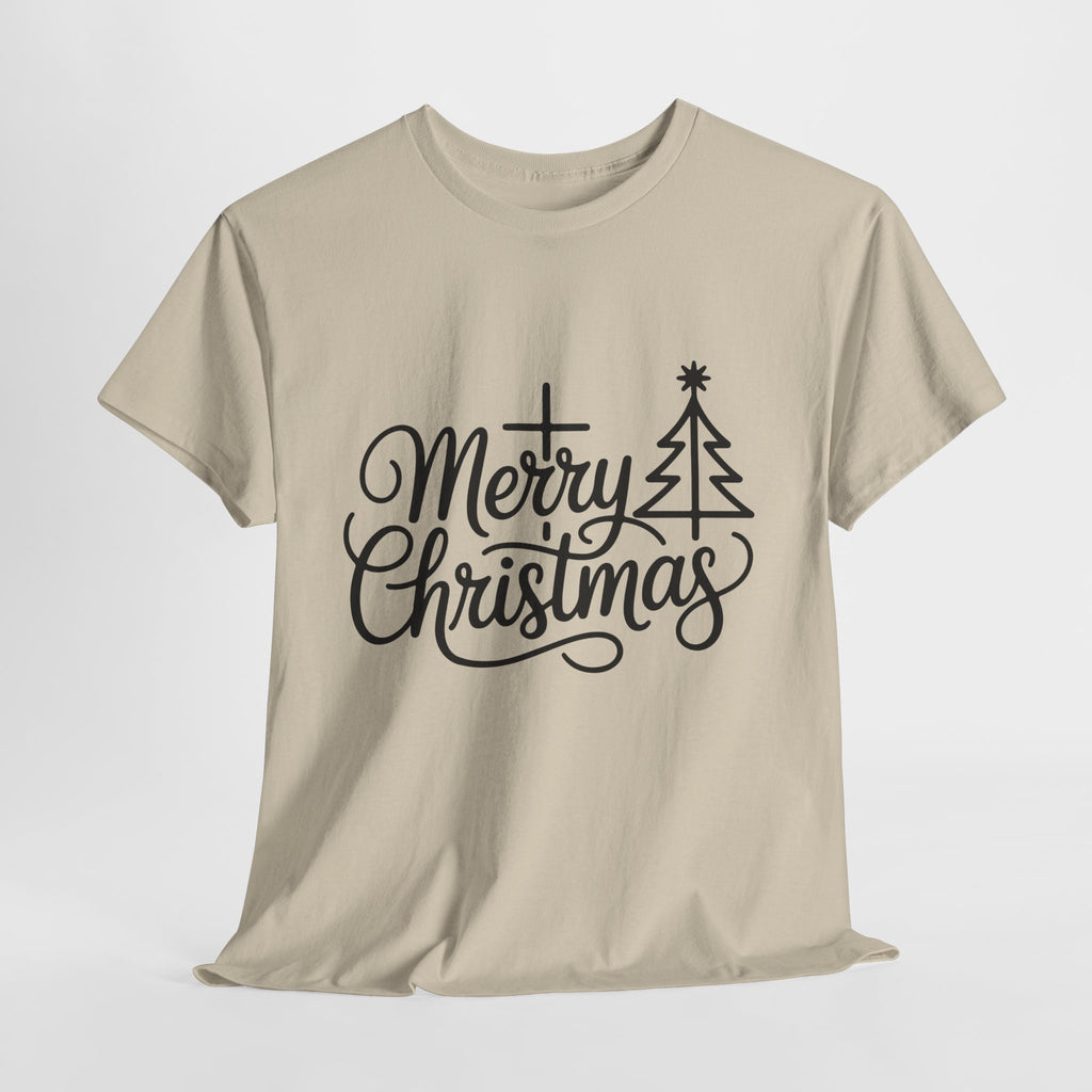 Merry Christmas Script T-Shirt with Cross & Tree(Unisex Cotton Tee)