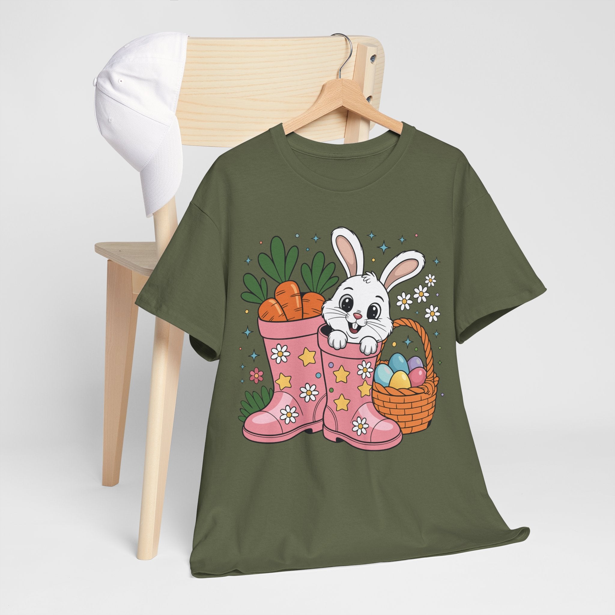 Easter Bunny in Pink Rain Boots T-Shirt — Cartoon Bunny, Carrots & Colorful Eggs Unisex Cotton Tee
