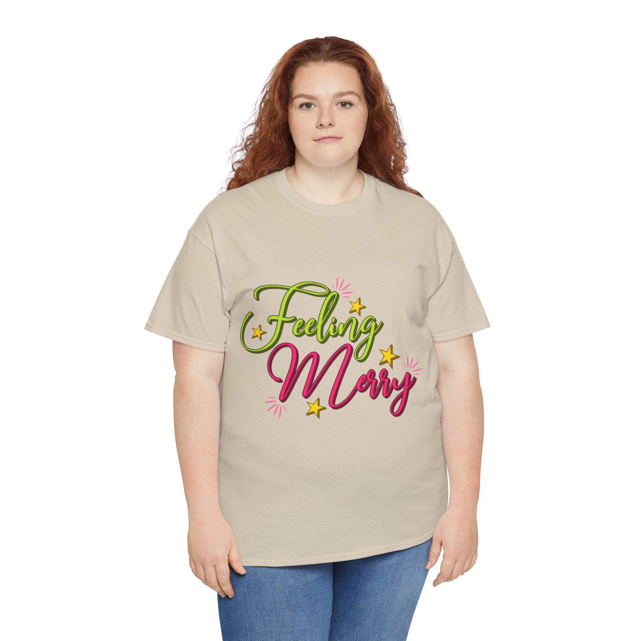 Feeling Merry T-Shirt — Bright Green & Pink Holiday Tee with Stars.Unisex Cotton Tee