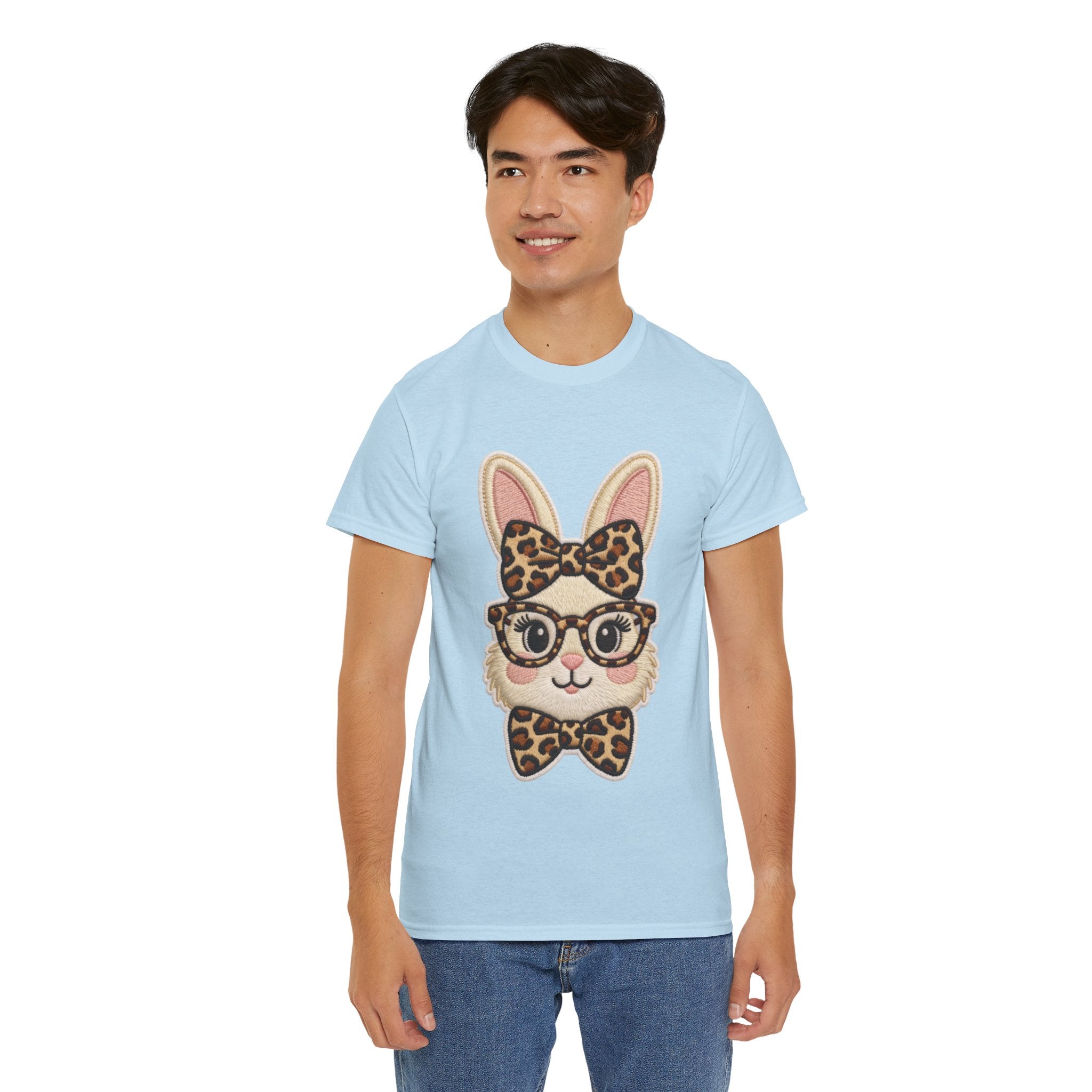 Leopard Bow Bunny Embroidered Tee — Cute Bunny Face with Glasses Patch Unisex Cotton Tee