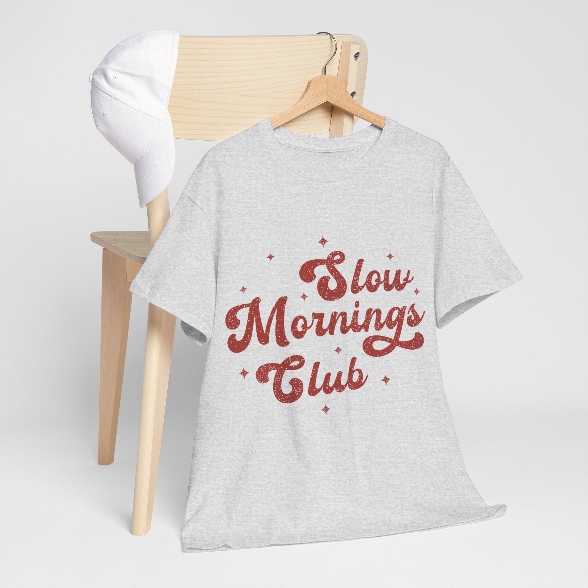 Slow Mornings Club T-Shirt — Retro Red Sparkle Unisex Cotton Tee