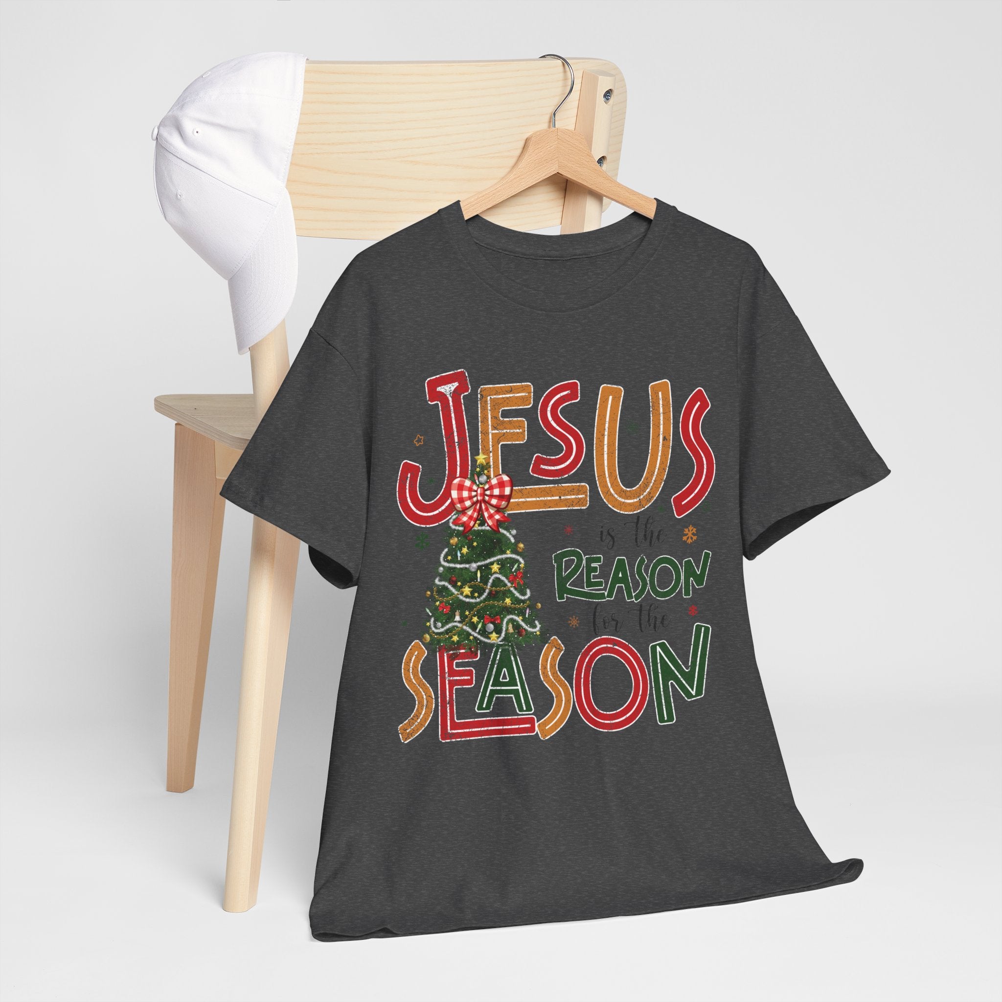 Jesus Is the Reason for the Season Christmas T-Shirt — Plaid Bow Tree..Unisex Cotton Tee