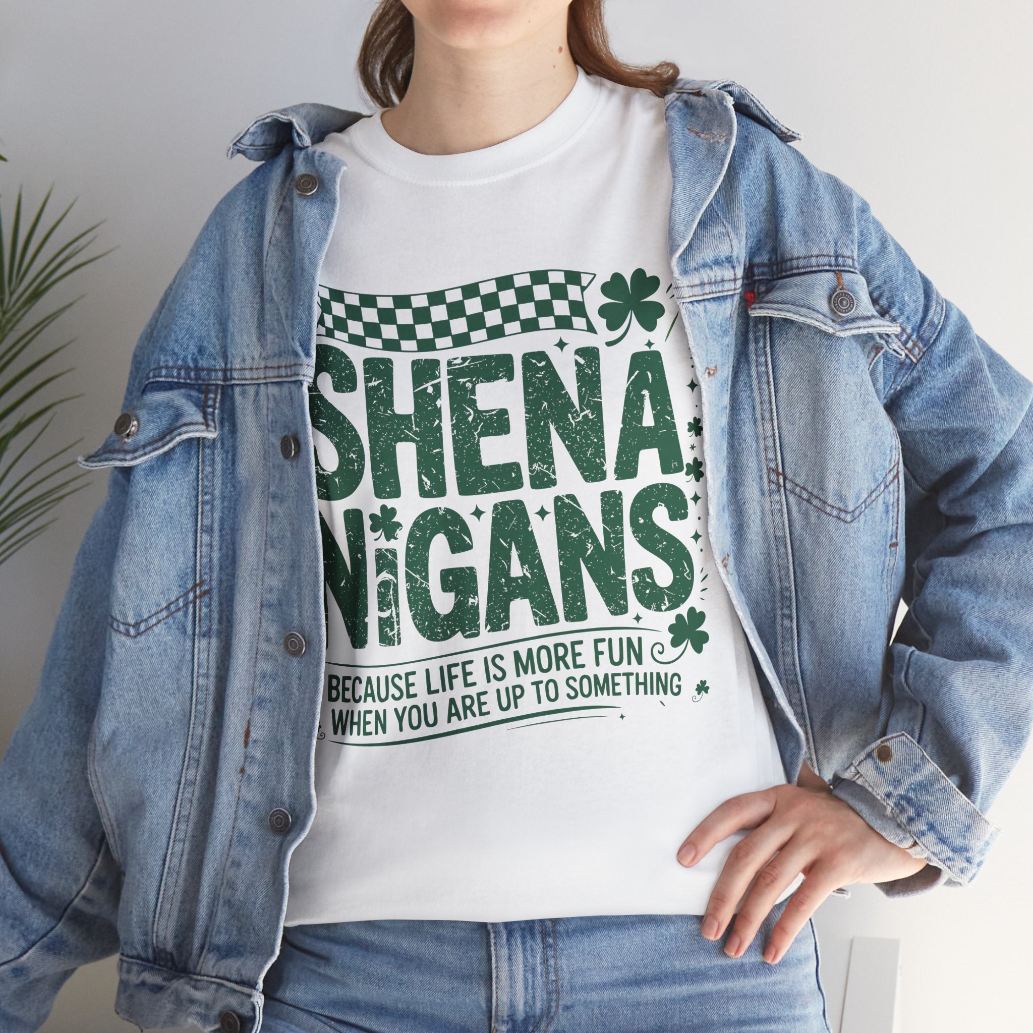 Shenanigans Clover Tee — Bright Green St. Patrick’s Day Shirt with Checkered Flag Unisex Cotton Tee