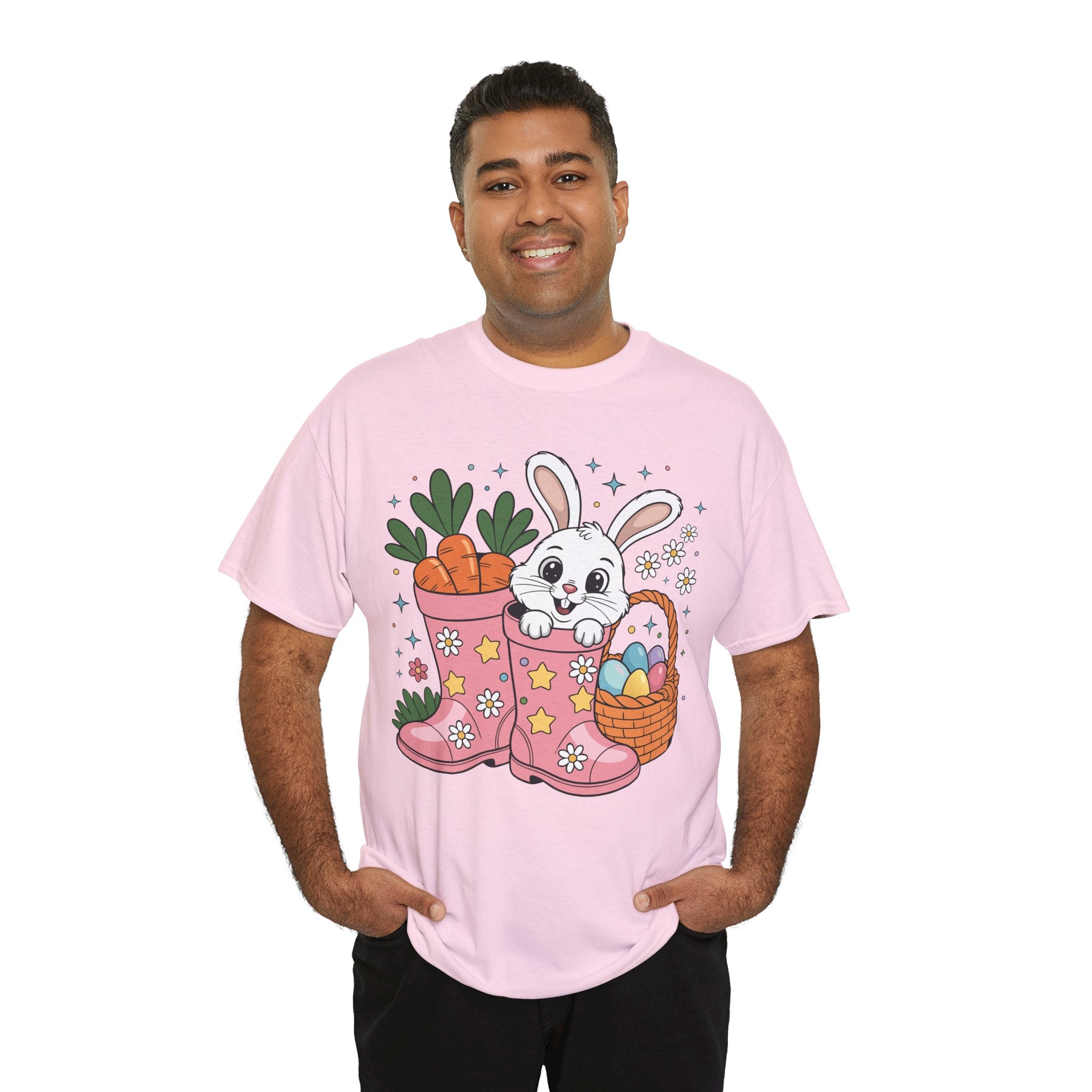 Easter Bunny in Pink Rain Boots T-Shirt — Cartoon Bunny, Carrots & Colorful Eggs Unisex Cotton Tee