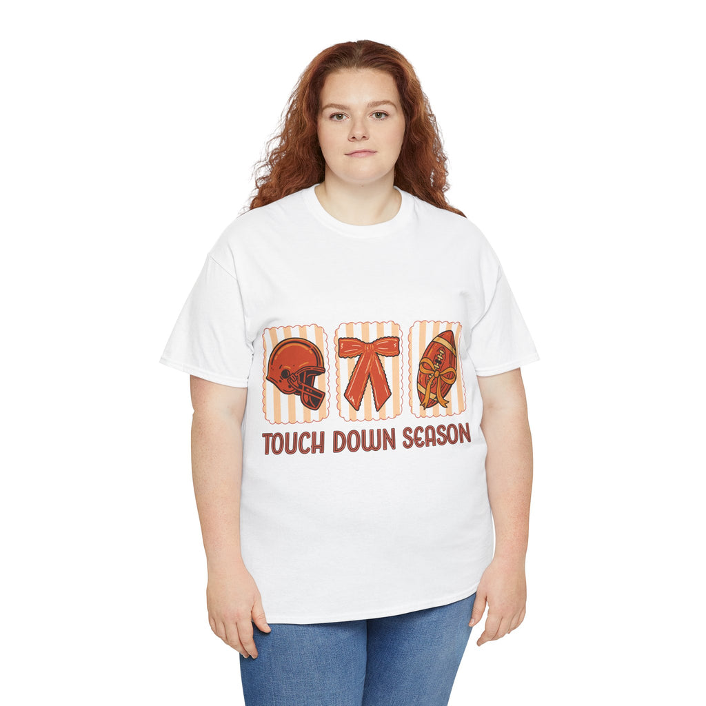 Touch Down Season Football Tee — Striped Fall Helmet & Bow Design Unisex Cotton Tee