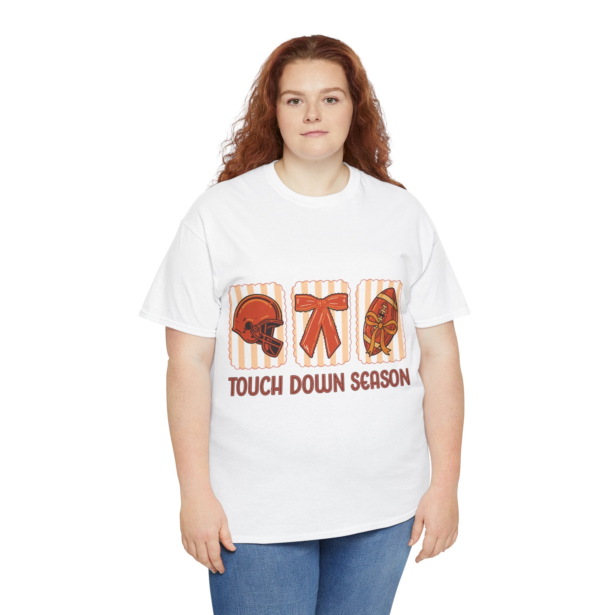 Touch Down Season Football Tee — Striped Fall Helmet & Bow Design Unisex Cotton Tee