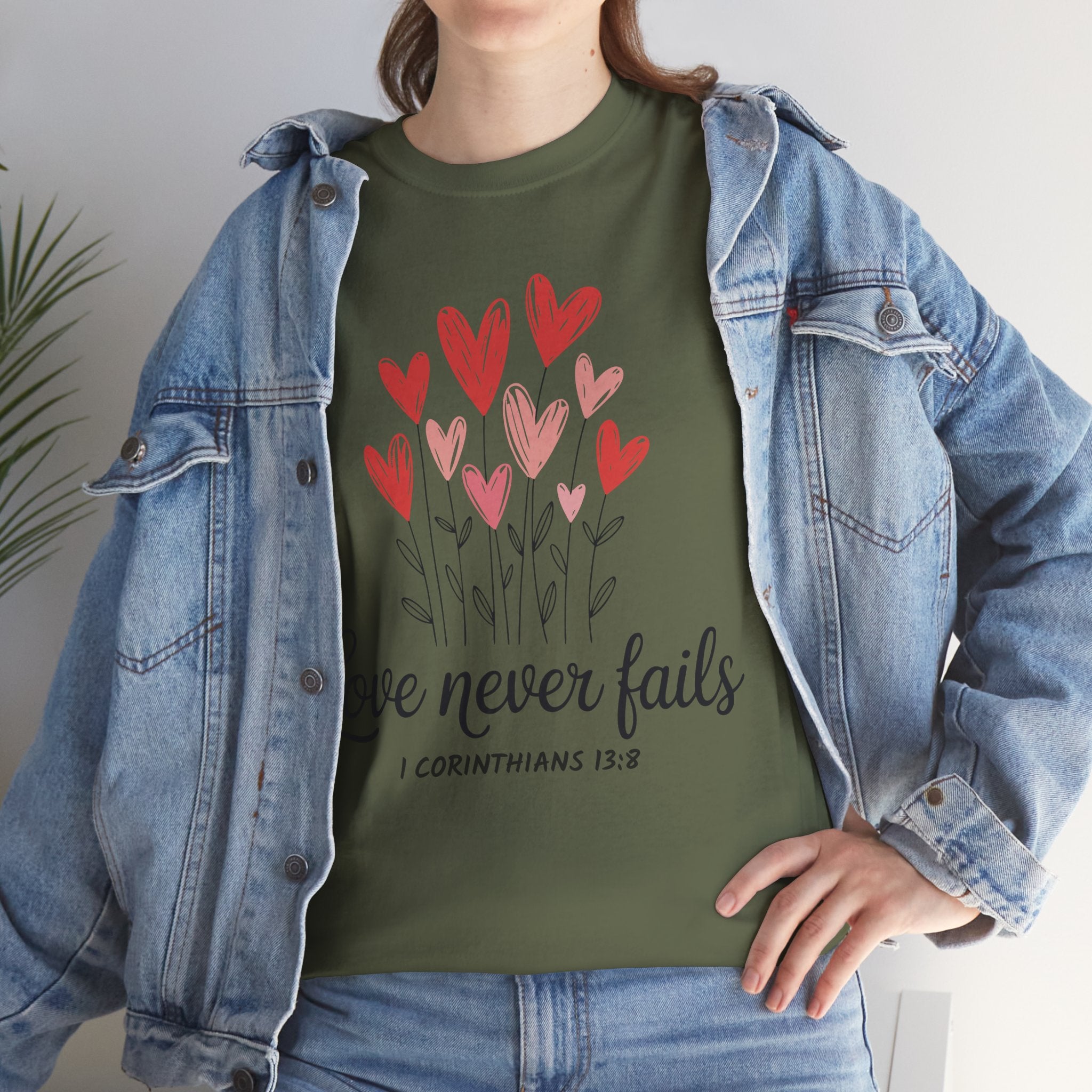 Christian Valentine T-Shirt — "Love Never Fails" (1 Corinthians 13:8) Unisex Cotton Tee