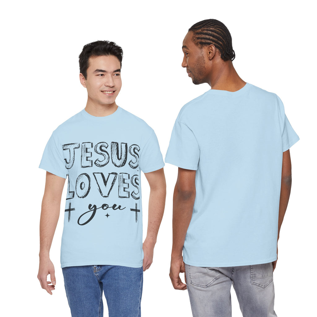 Jesus Loves You Chalk-Style Tee — Crosses & Stars Christian UNisex Cotton T-Shirt
