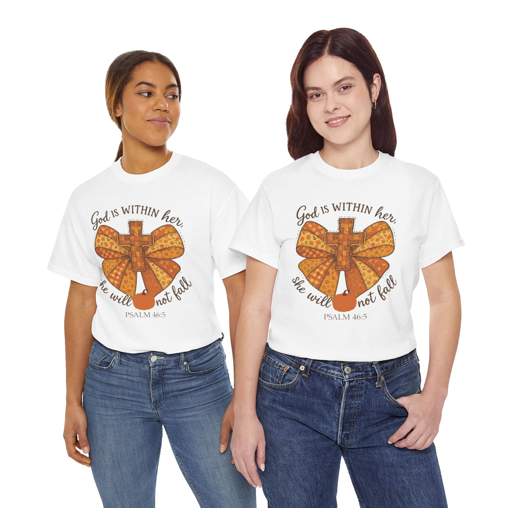 Psalm 46:5 Cross Patchwork Tee — Fall Bow Christian Unisex Cotton T-Shirt