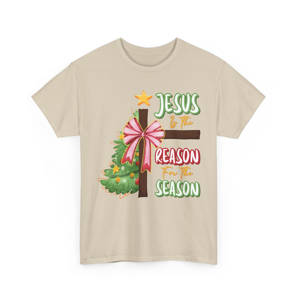 Jesus Is the Reason for the Season Christmas Tee — Cross with Pink Bow & Tree. Unisex Cotton Tee