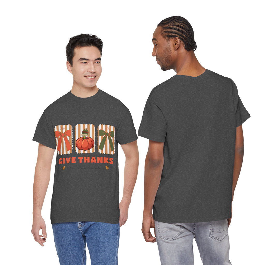 Give Thanks Thanksgiving T-Shirt — Pumpkin with Hat & Bows Unisex Cotton Tee