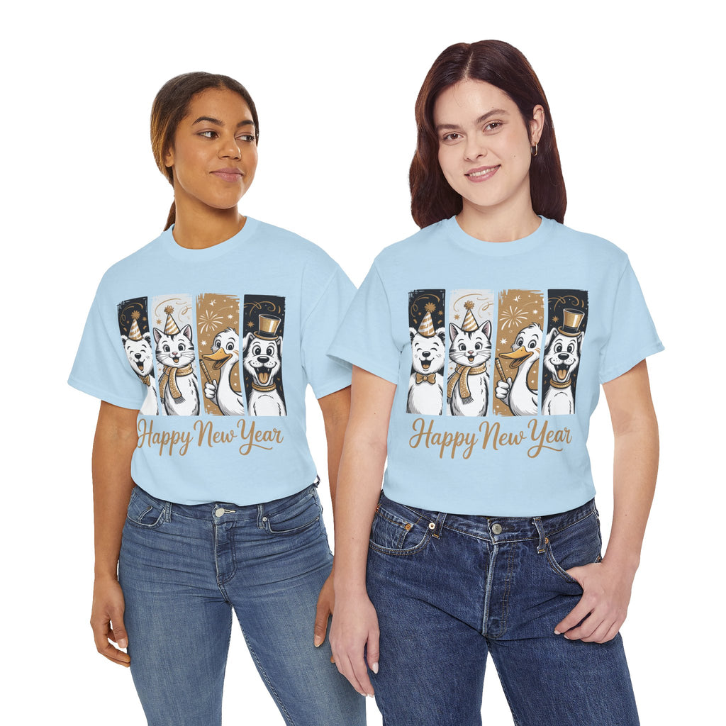 Happy New Year Party Animals T-Shirt — Cute Smiling Animals in Party Hats & Gold Fireworks..Unisex Cotton Tee