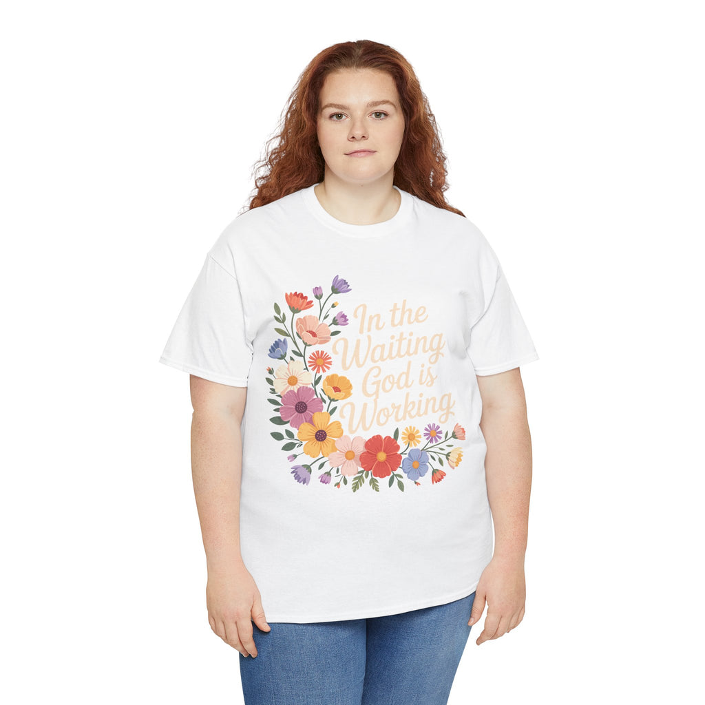 Pastel Floral “In the Waiting God Is Working” Unisex Cotton T-Shirt