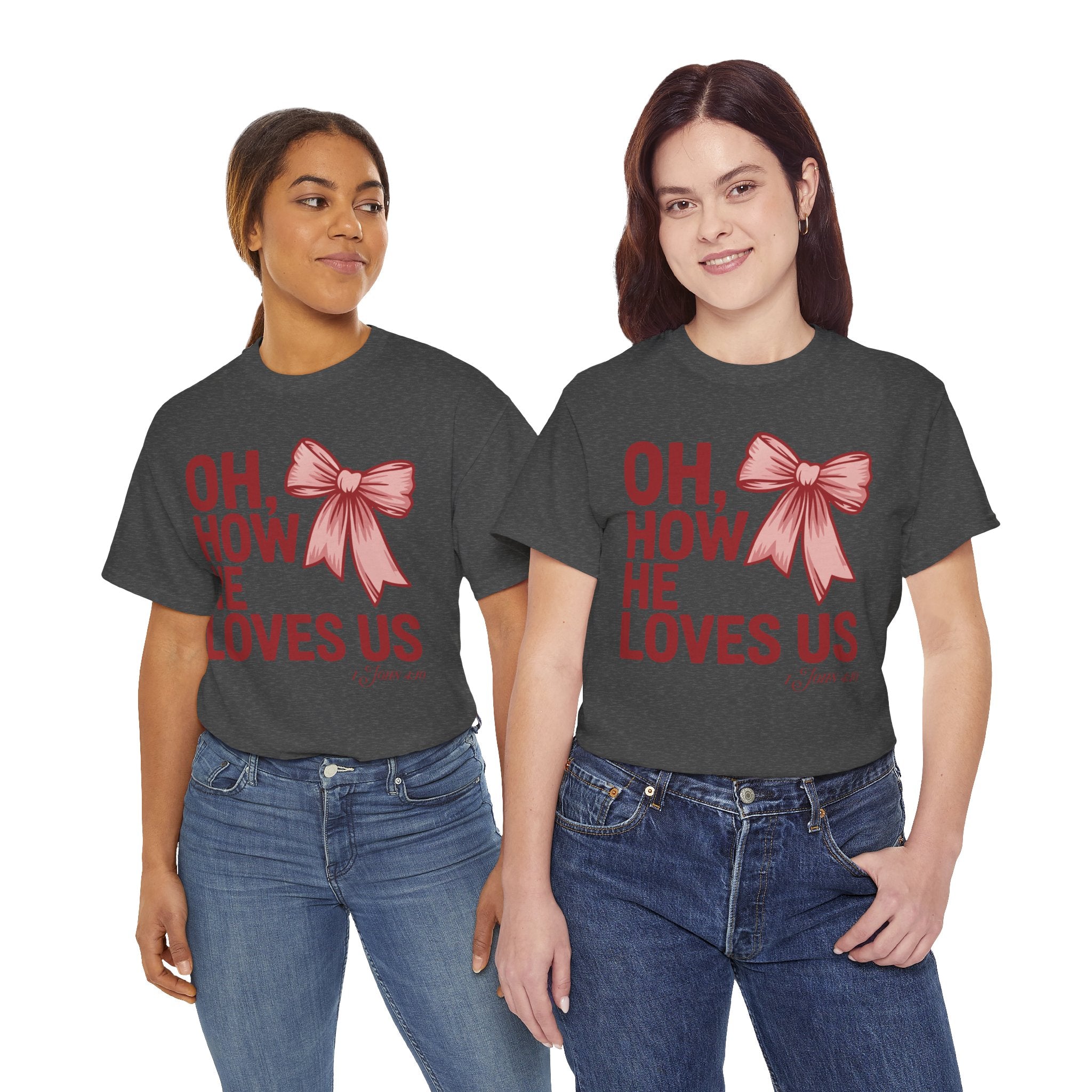 Oh, How He Loves Us Christian Valentine Tee — 1 John 4:10 Red & Pink Unisex Cotton Tee