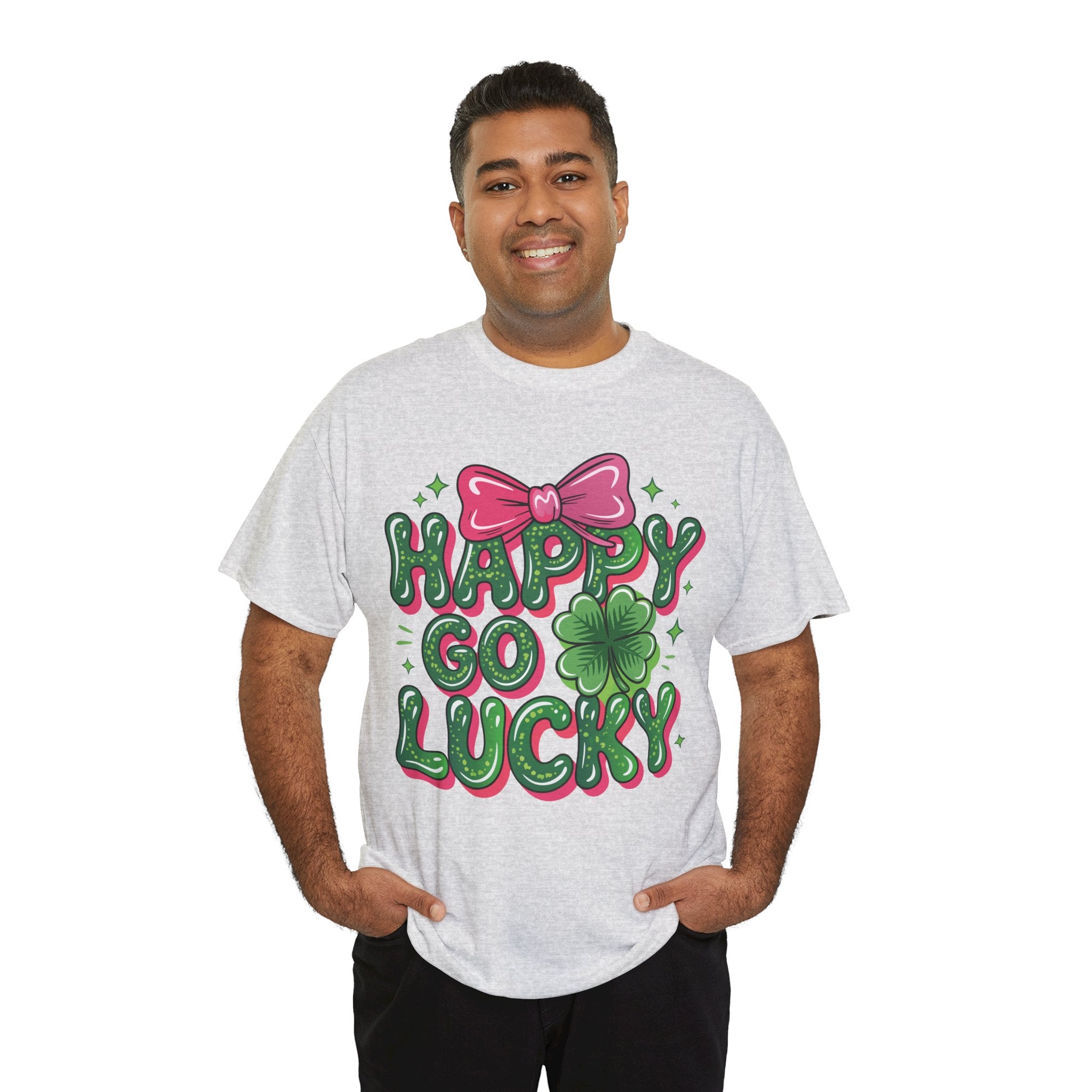 Happy Go Lucky Four-Leaf Clover Tee — Glossy Green Letters & Pink Bow Unisex Cotton Tee