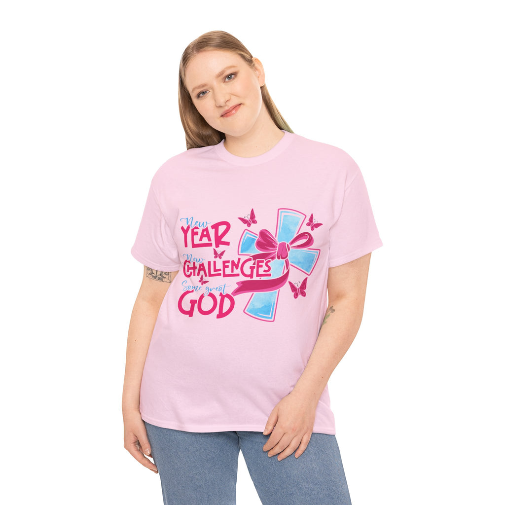 Christian T-Shirt — “New Year, New Challenges, Same Great God” with Pink Bow Cross & Butterflies. Unisex Cotton Tee