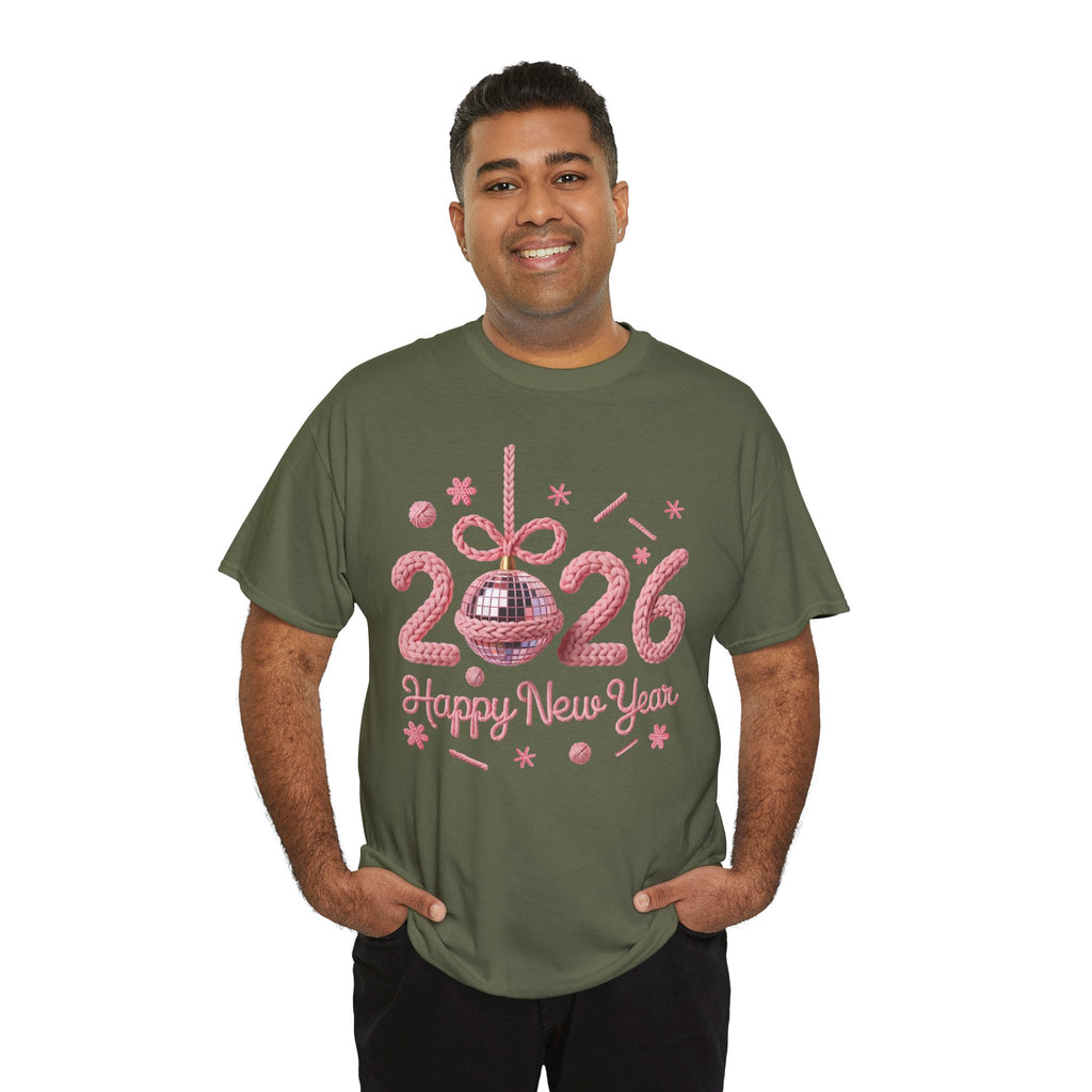 2026 Happy New Year Pink Knitted Disco Ball Unisex Cotton Tee