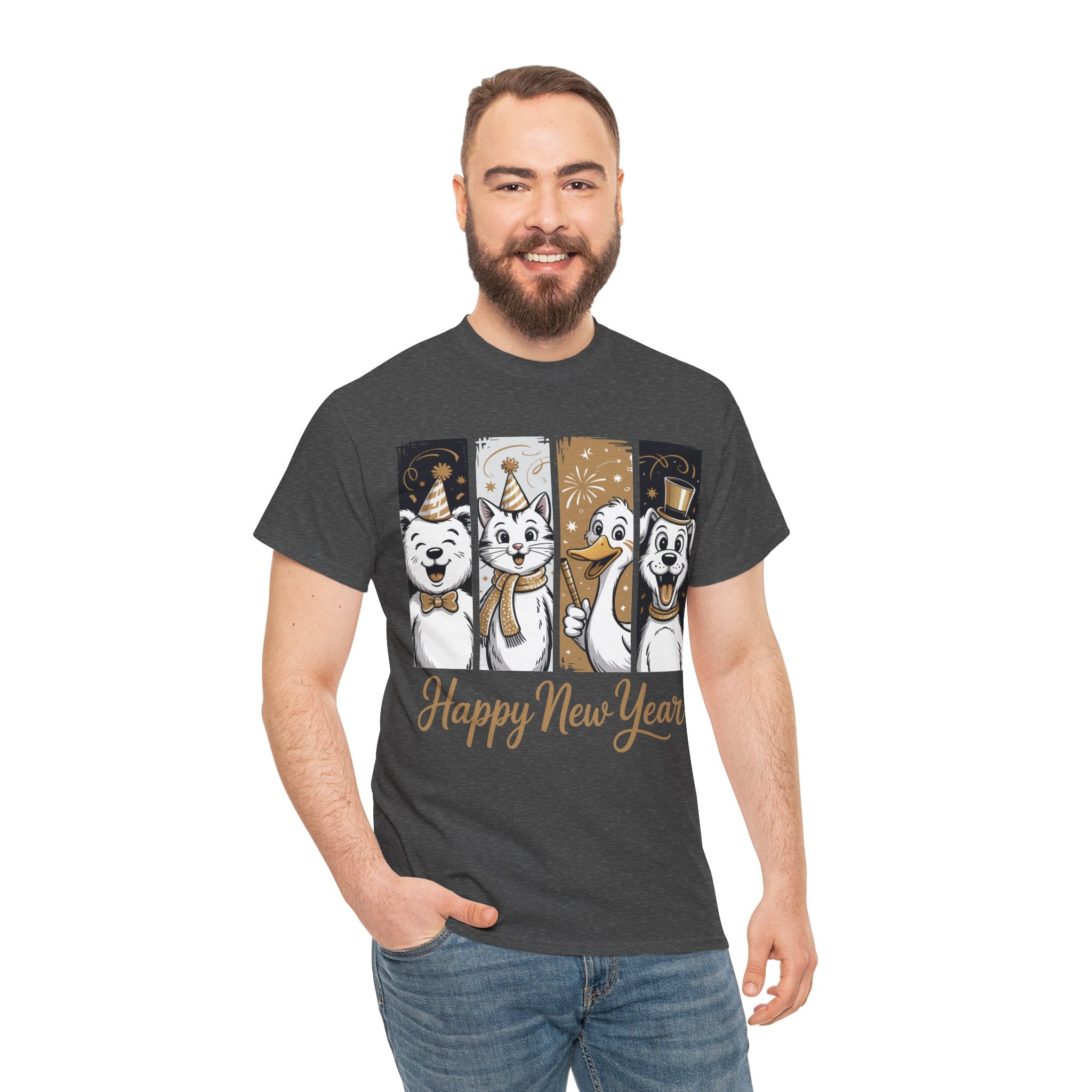 Happy New Year Party Animals T-Shirt — Cute Smiling Animals in Party Hats & Gold Fireworks..Unisex Cotton Tee