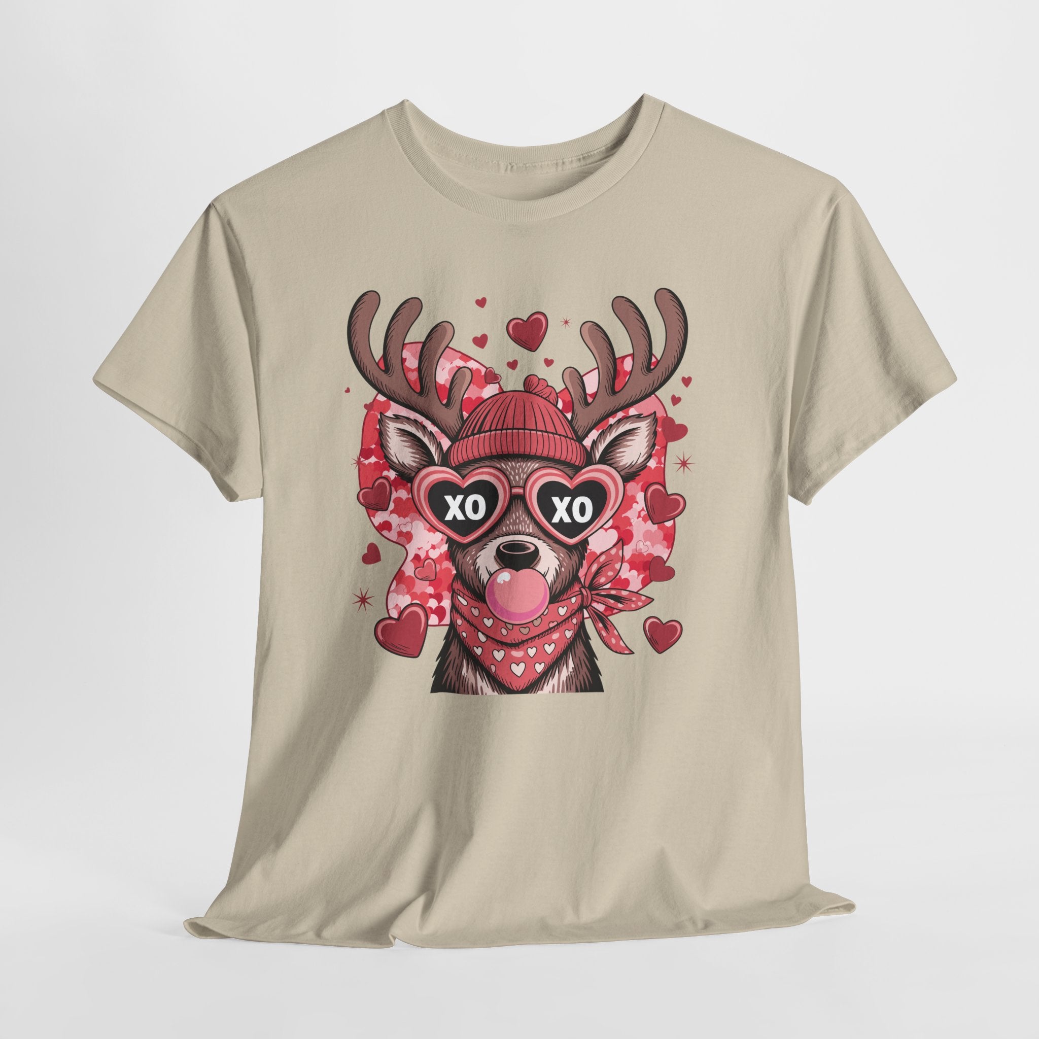 Valentine Deer Tee — Cute XO Heart Glasses, Beanie & Scarf Unisex Cotton Tshirt