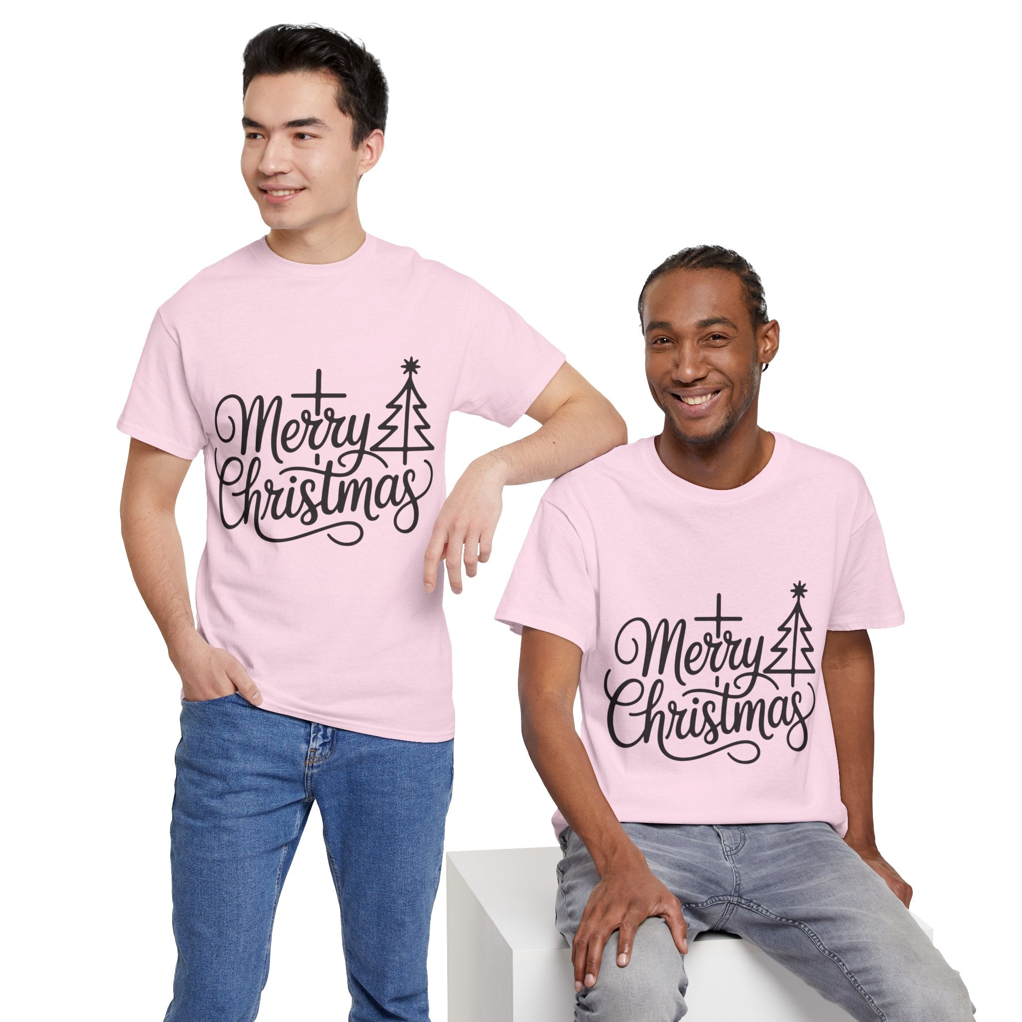Merry Christmas Script T-Shirt with Cross & Tree(Unisex Cotton Tee)