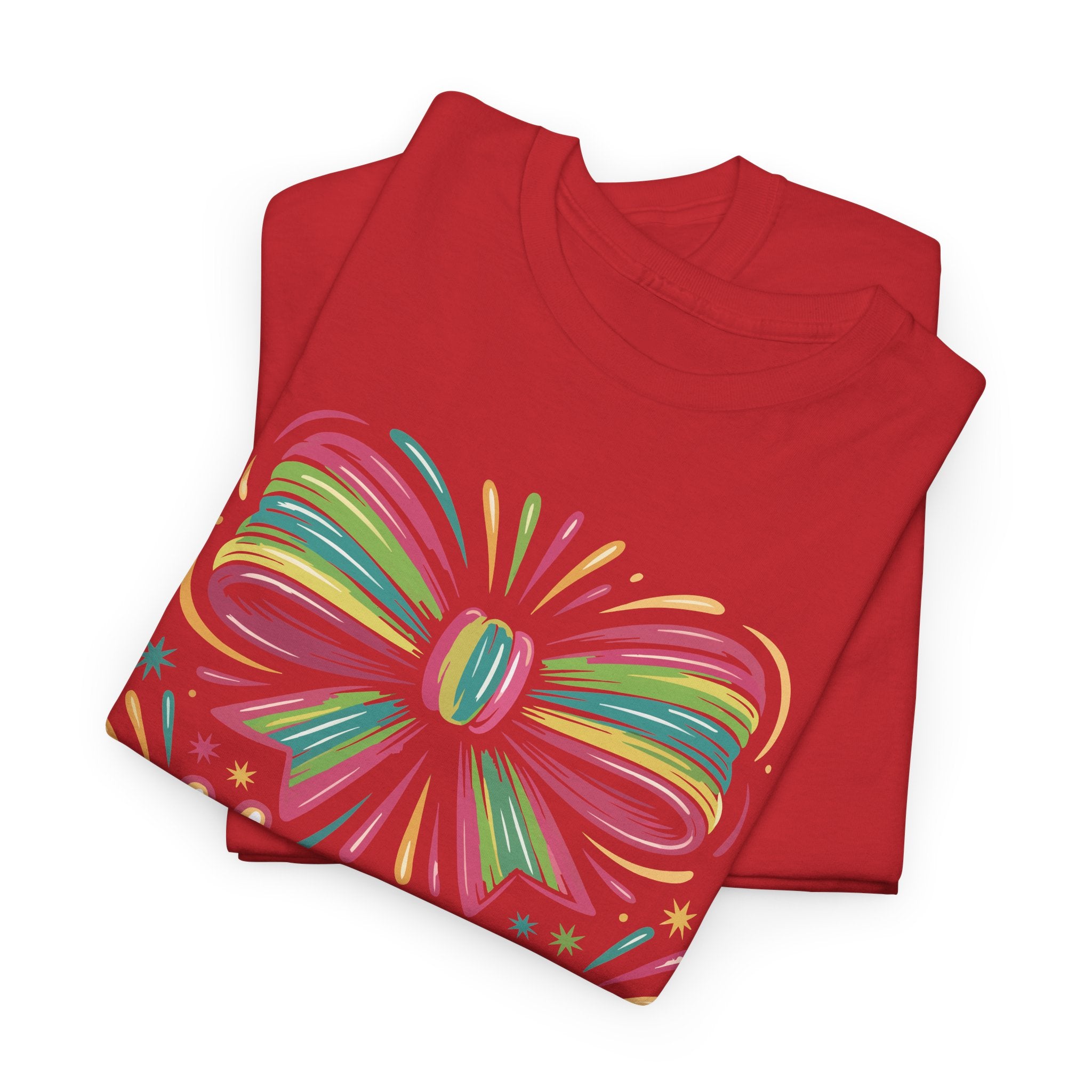 Happy New Year Pastel Tee — Rainbow Bow & Fireworks Celebration Unisex Cotton Tshirt