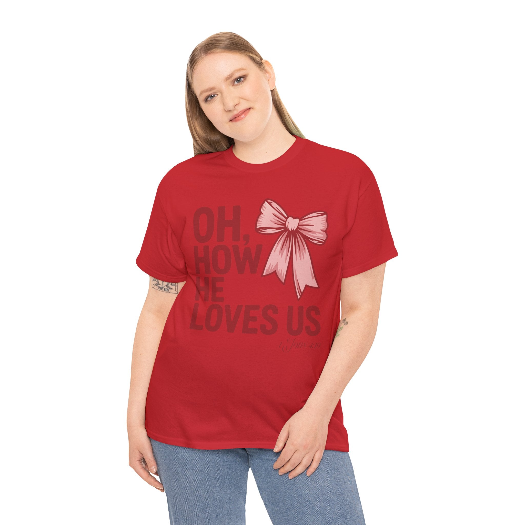 Oh, How He Loves Us Christian Valentine Tee — 1 John 4:10 Red & Pink Unisex Cotton Tee