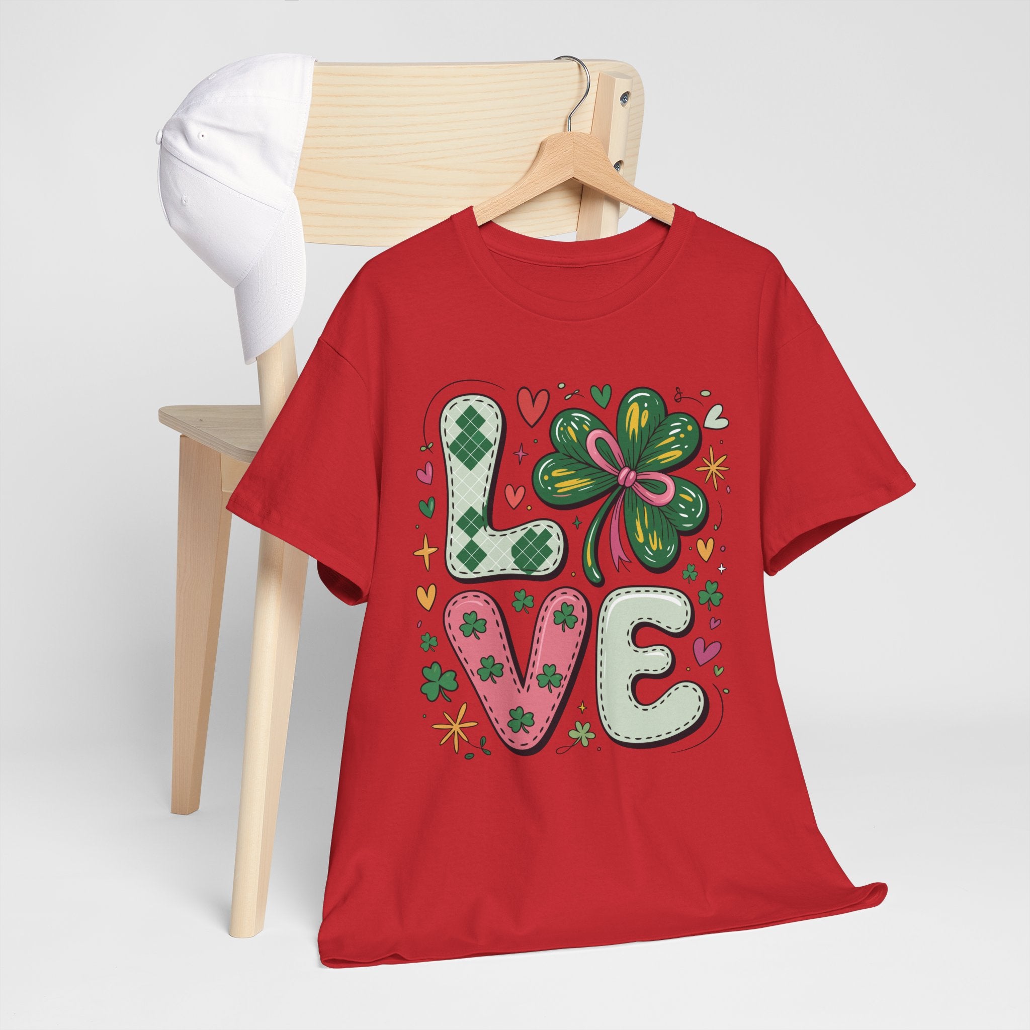 Stitched Clover 'LOVE' Tee — Heart & Patchwork St. Patrick's Unisex Cotton T-Shirt