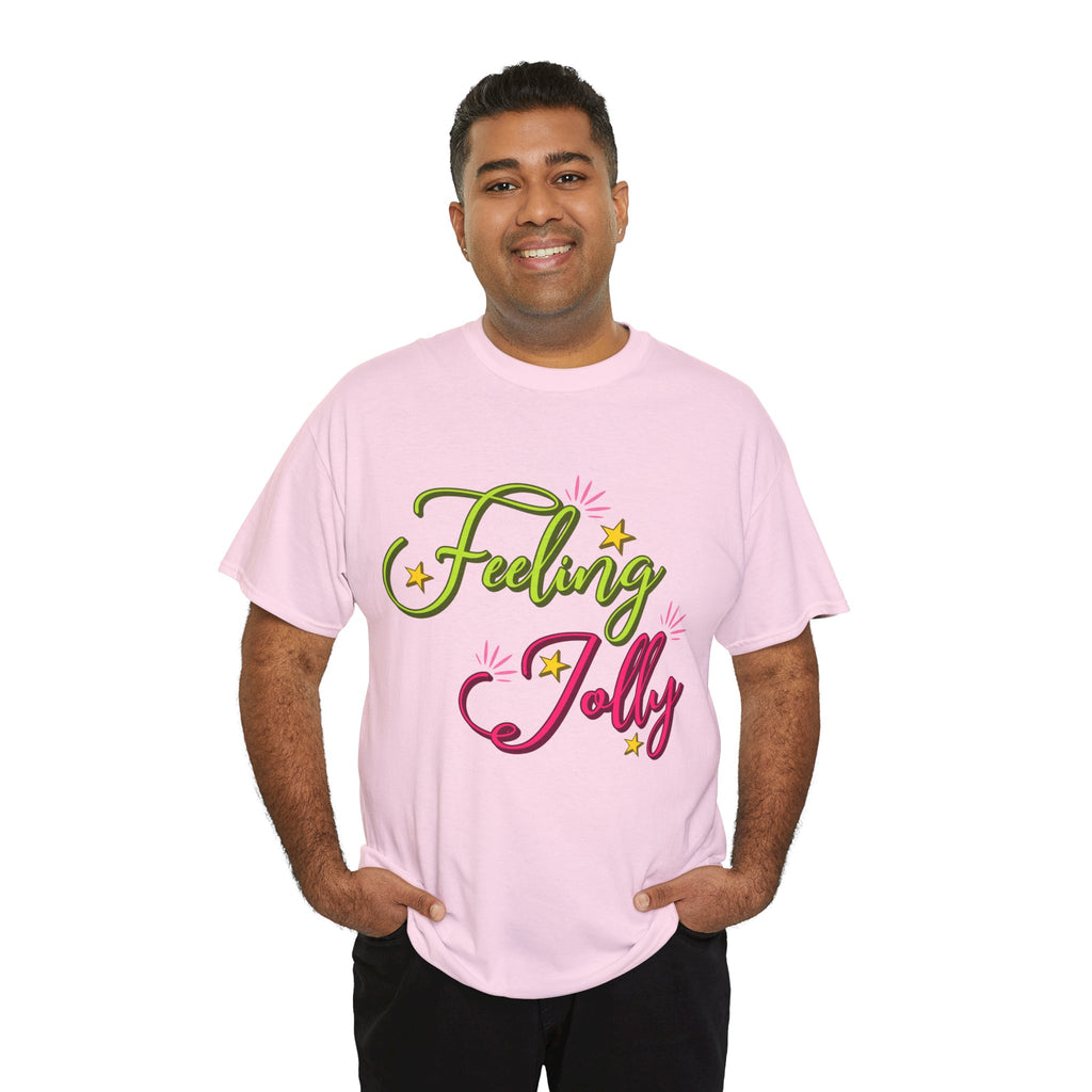 Feeling Jolly Tee — Festive Green & Pink Script with Yellow Stars Unisex Cotton Tee