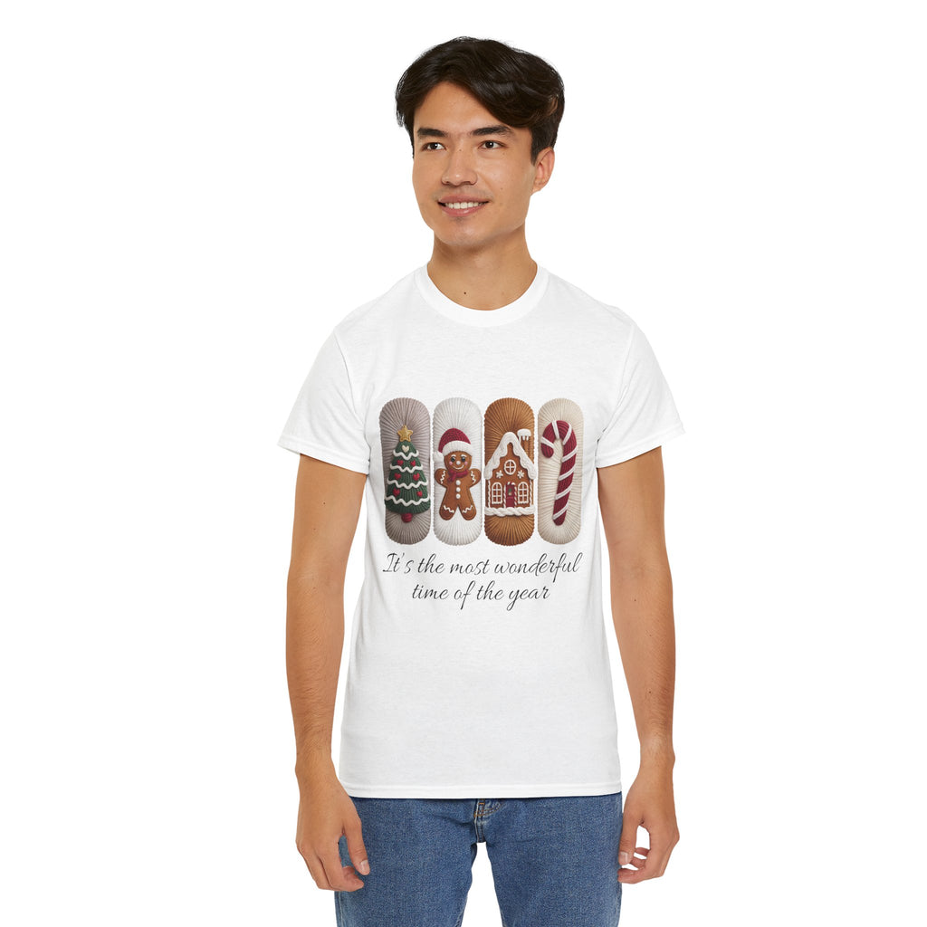 Christmas Faux-Yarn Tree Tee — Gingerbread House & Candy Cane Holiday Unisex Cotton T-Shirt