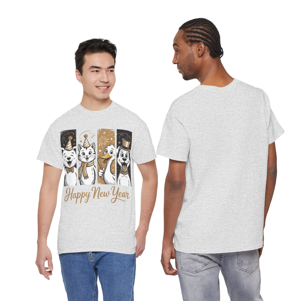 Happy New Year Party Animals T-Shirt — Cute Smiling Animals in Party Hats & Gold Fireworks..Unisex Cotton Tee