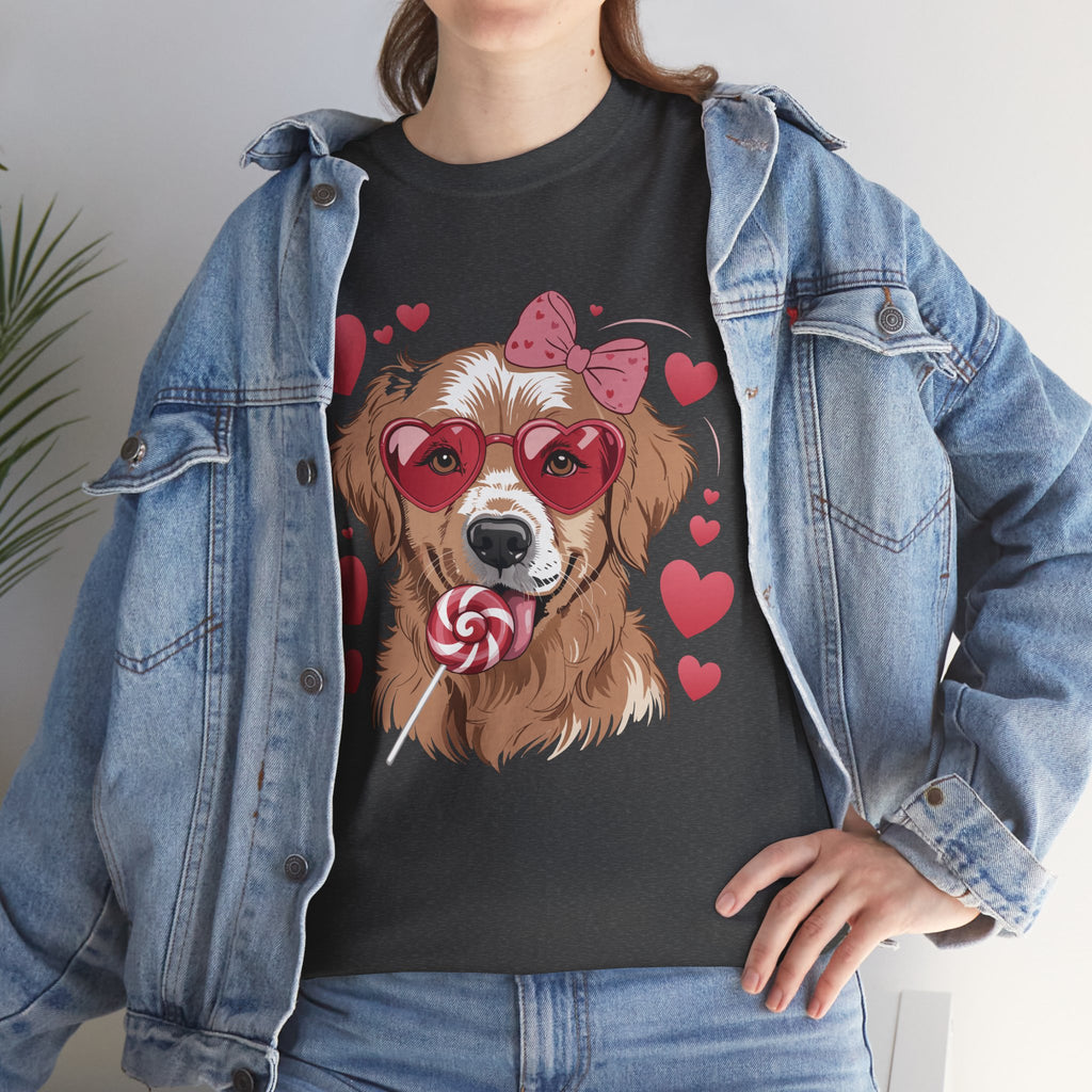 Valentine Dog T-Shirt — Cute Pup with Heart Glasses, Pink Bow & Lollipop..Unisex Cotton Tee