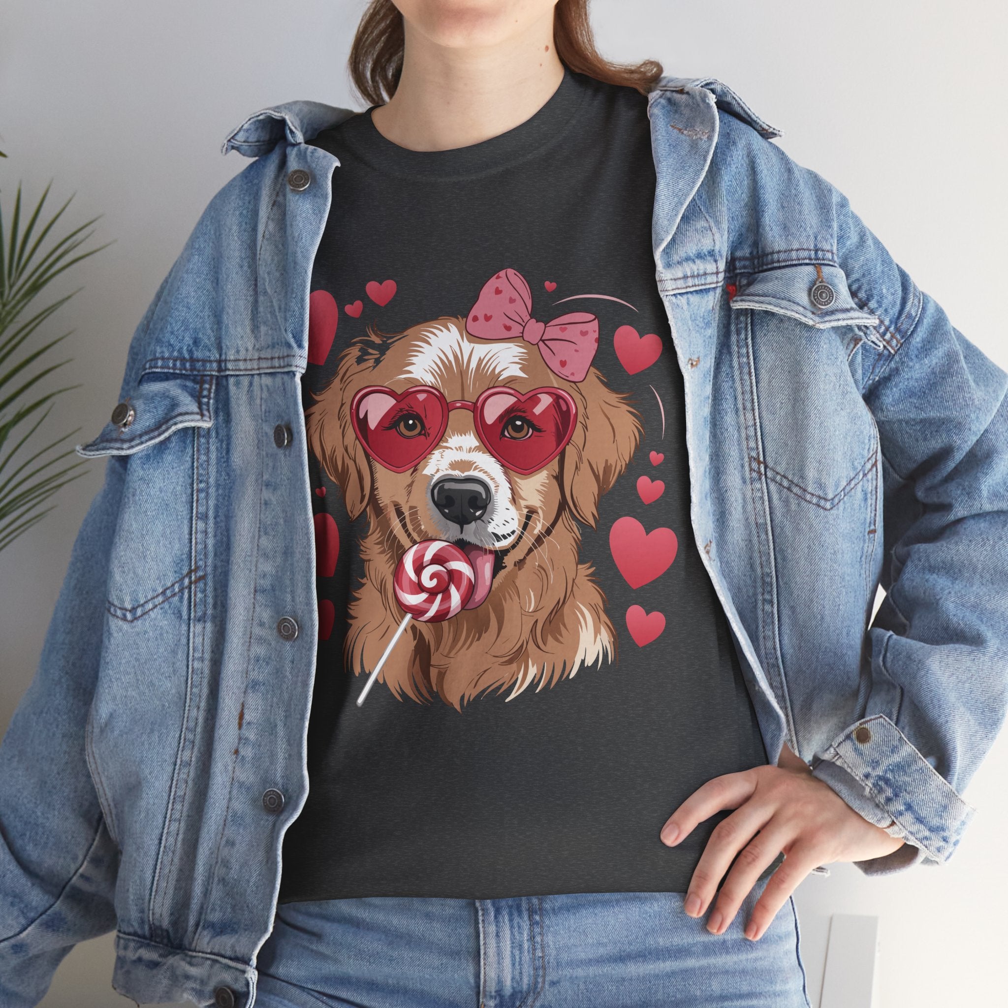 Valentine Dog T-Shirt — Cute Pup with Heart Glasses, Pink Bow & Lollipop..Unisex Cotton Tee