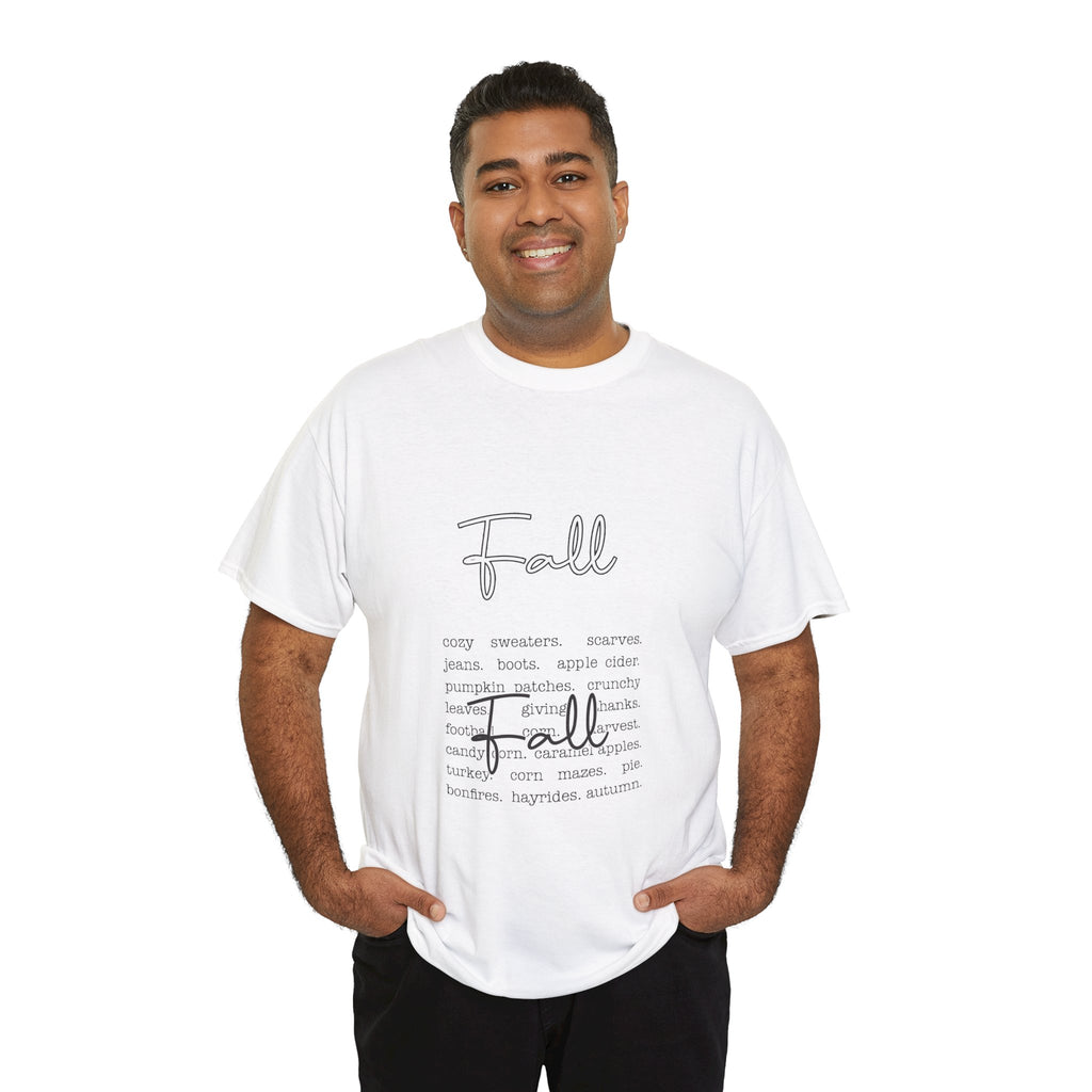Fall Cursive Typography T-Shirt — Sweaters, Cider & Pumpkins. Unisex Cotton Tee