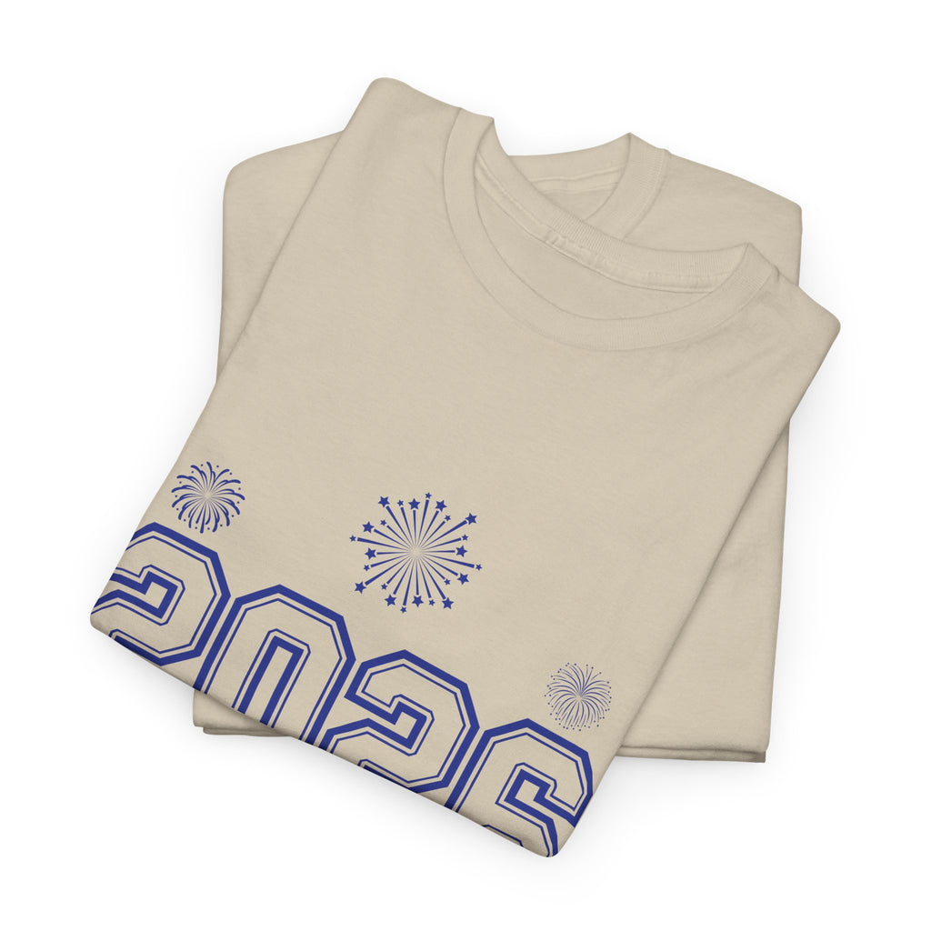 Happy New Year 2026 Varsity Tee — Fireworks & Confetti Celebration Unisex Cotton Tee