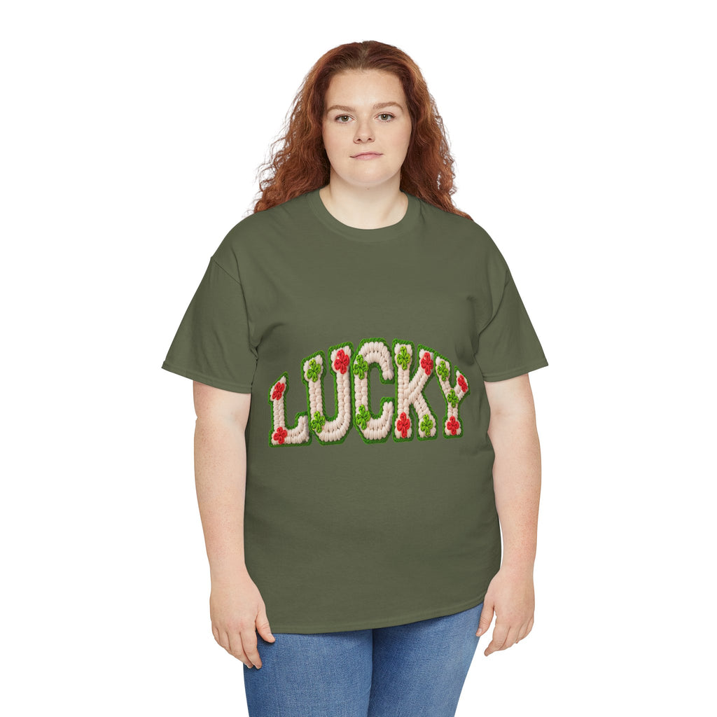 Lucky Crochet Clover T-Shirt — Faux-Yarn Embroidered St. Patrick’s Unisex Cotton Tee