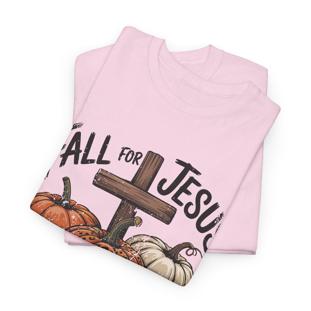 Fall for Jesus Pumpkin Cross Tee — "He Never Leaves" Autumn Christian Unisex Cotton T-Shirt