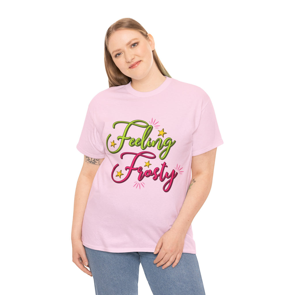 Feeling Frosty Holiday T-Shirt — Green & Pink Script Stars.Unisex Cotton Tee