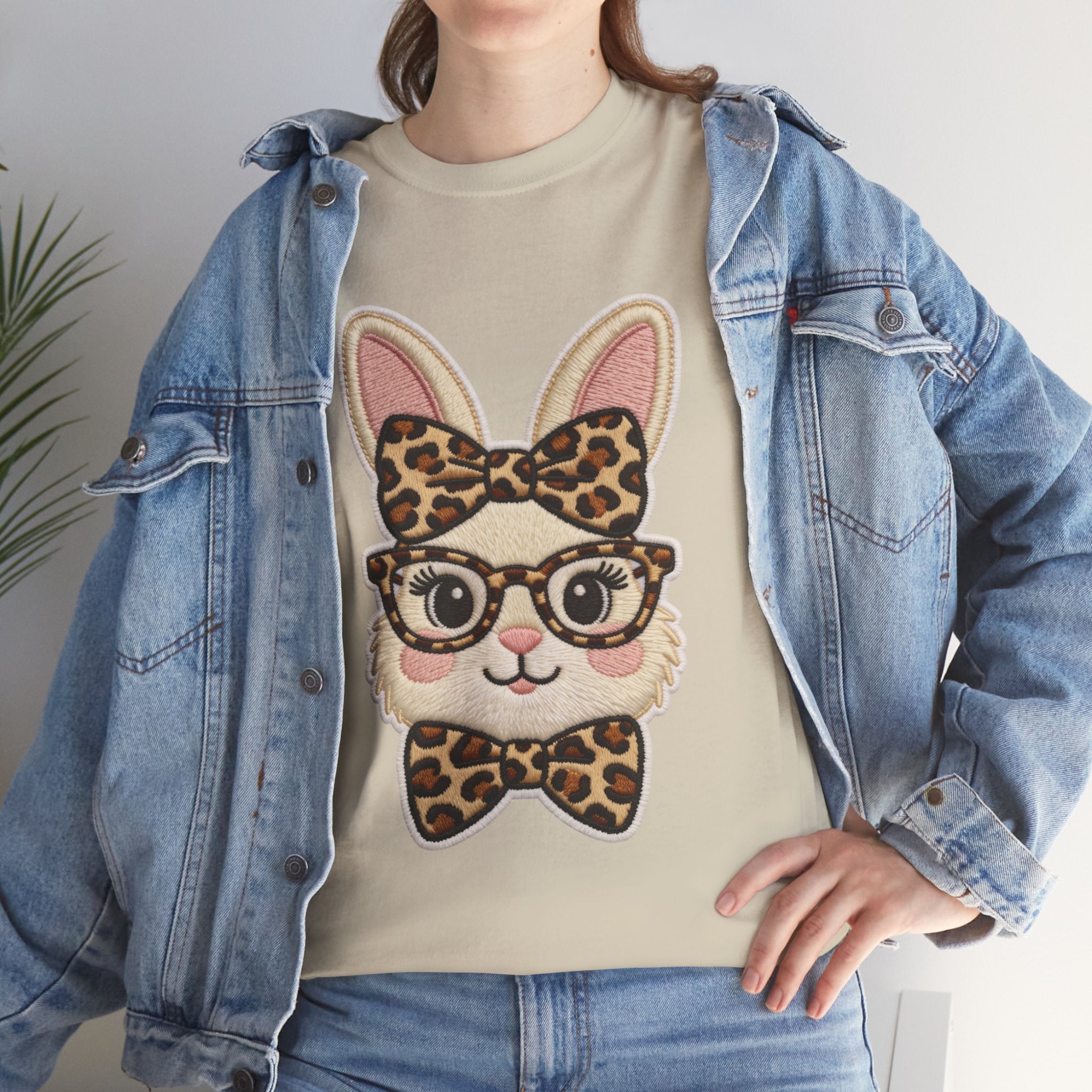 Leopard Bow Bunny Embroidered Tee — Cute Bunny Face with Glasses Patch Unisex Cotton Tee