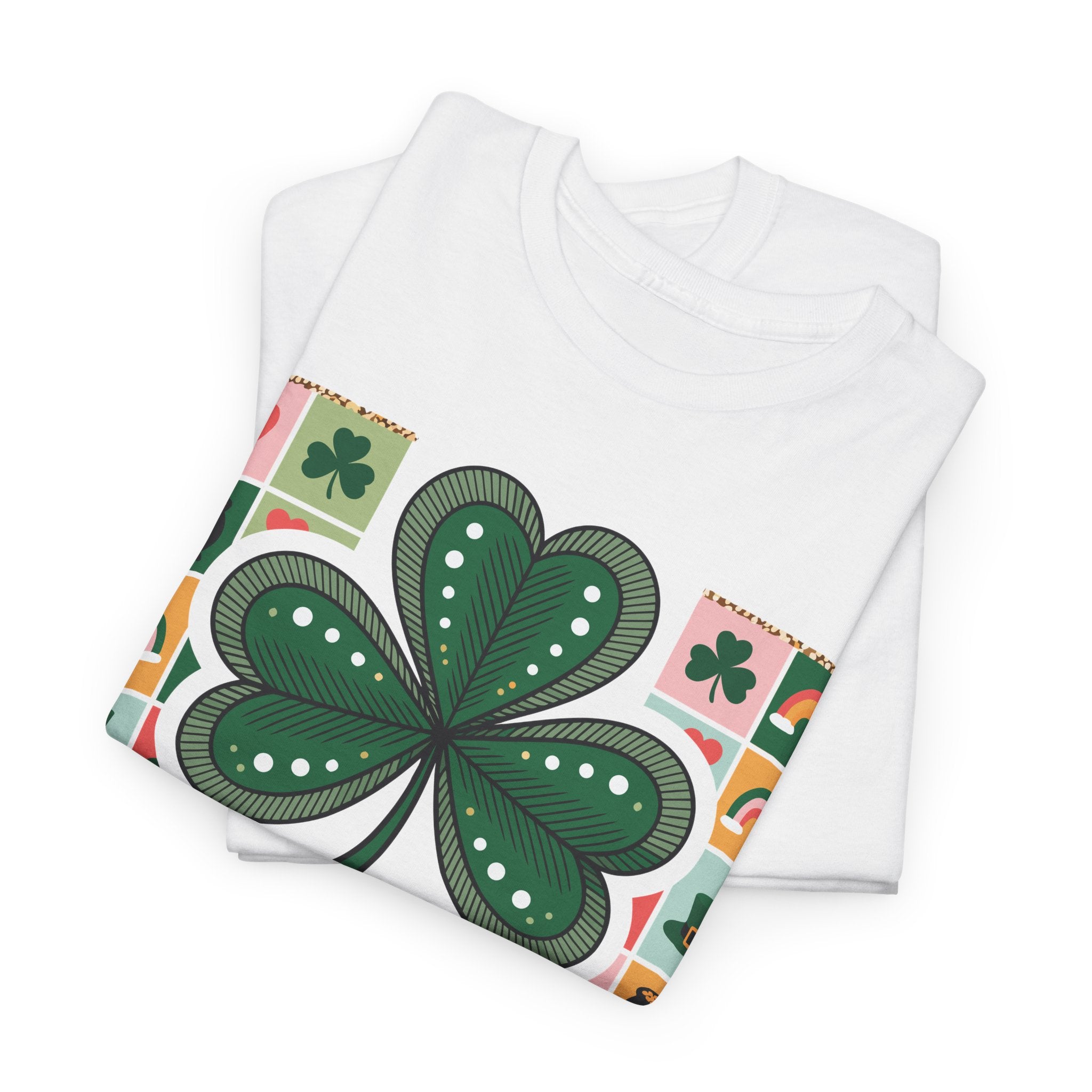 Lucky Charm & Cheer Clover Tee — Patchwork St. Patrick’s Day Unisex Cotton T-Shirt