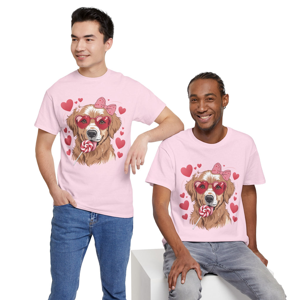 Valentine Dog T-Shirt — Cute Pup with Heart Glasses, Pink Bow & Lollipop..Unisex Cotton Tee