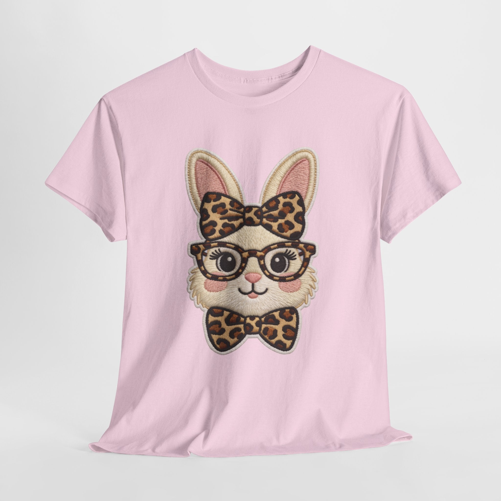 Leopard Bow Bunny Embroidered Tee — Cute Bunny Face with Glasses Patch Unisex Cotton Tee