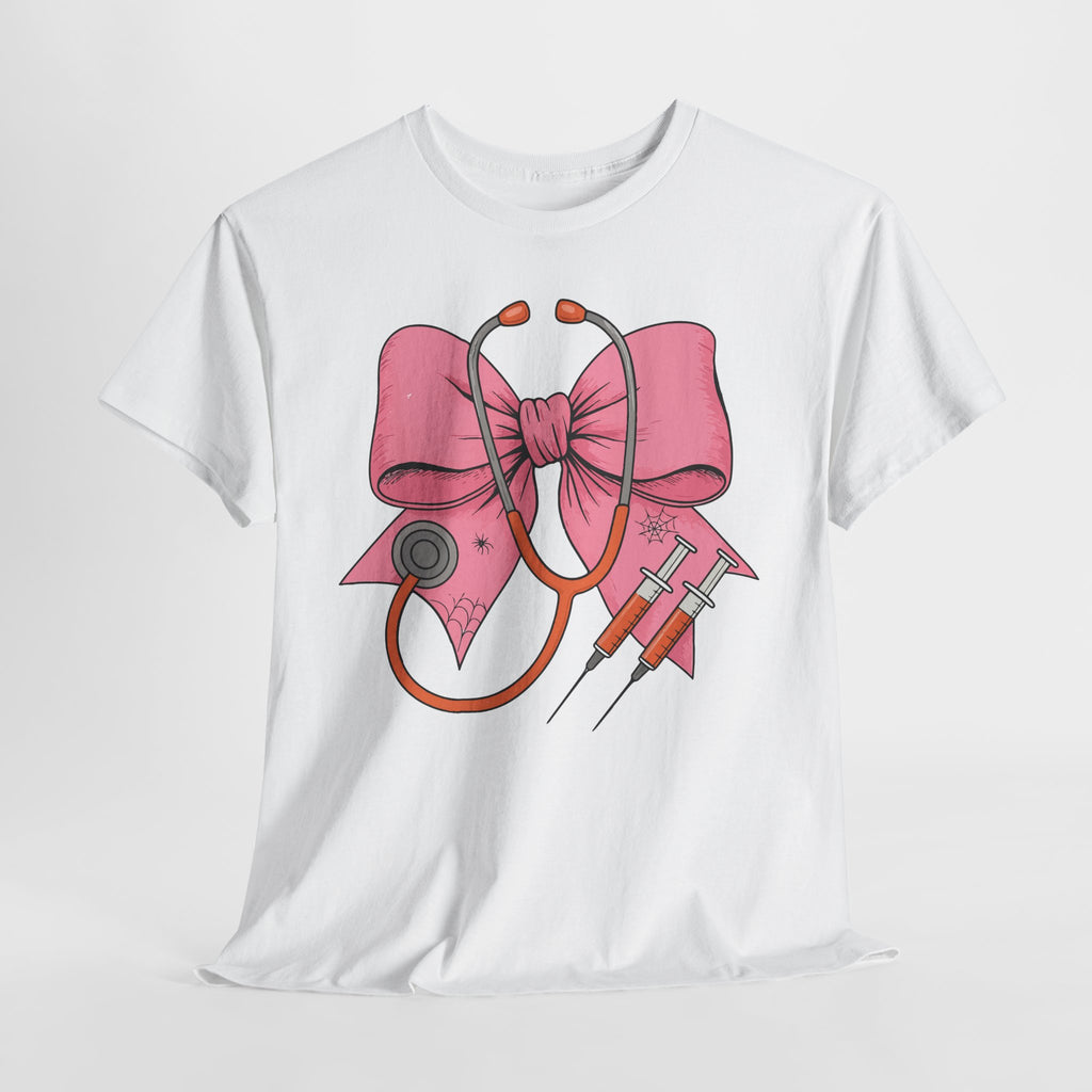 Halloween Nurse T‑Shirt — Pink Nurse Bow with Stethoscope, Syringes & Spider Webs..Unisex Cotton Tee