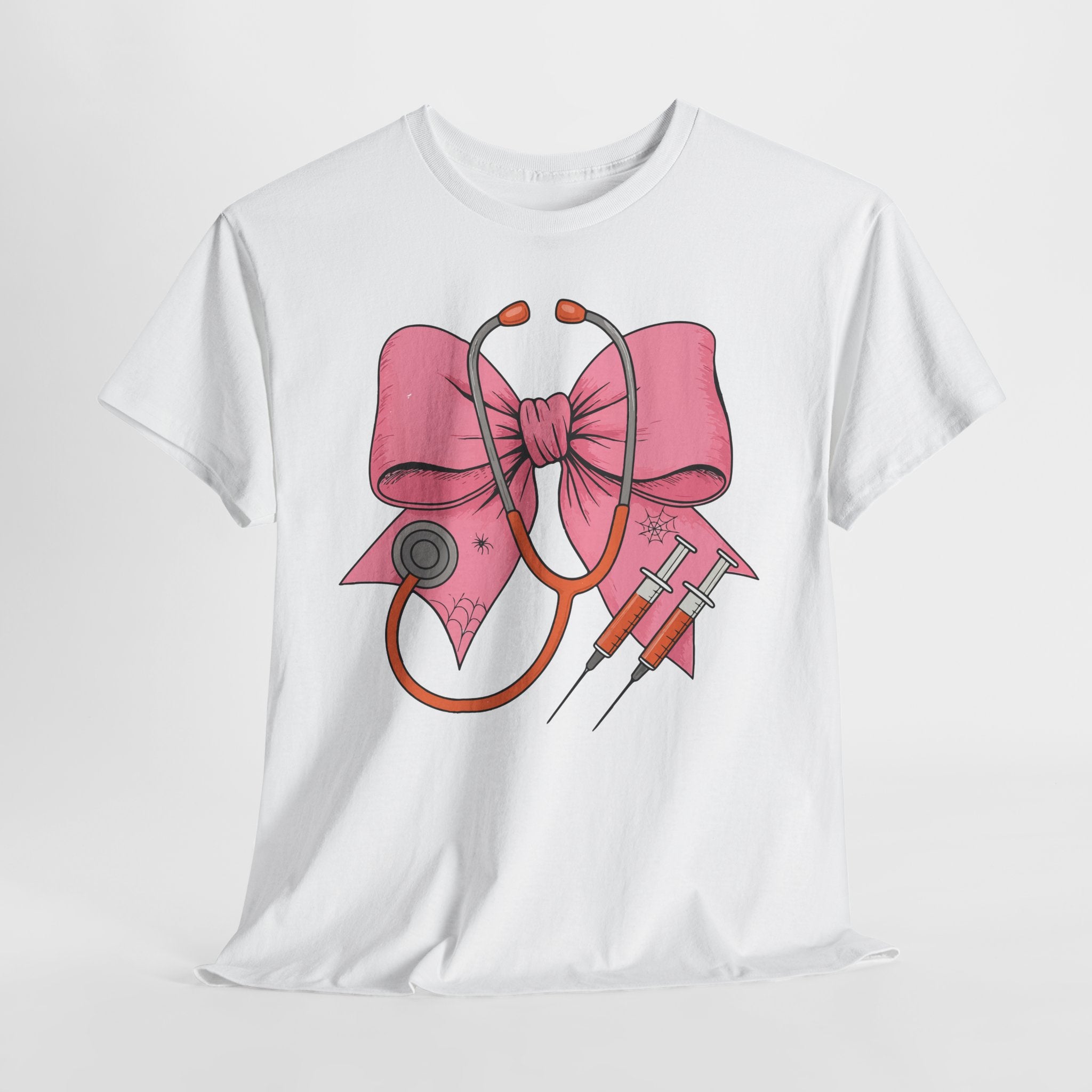 Halloween Nurse T‑Shirt — Pink Nurse Bow with Stethoscope, Syringes & Spider Webs..Unisex Cotton Tee