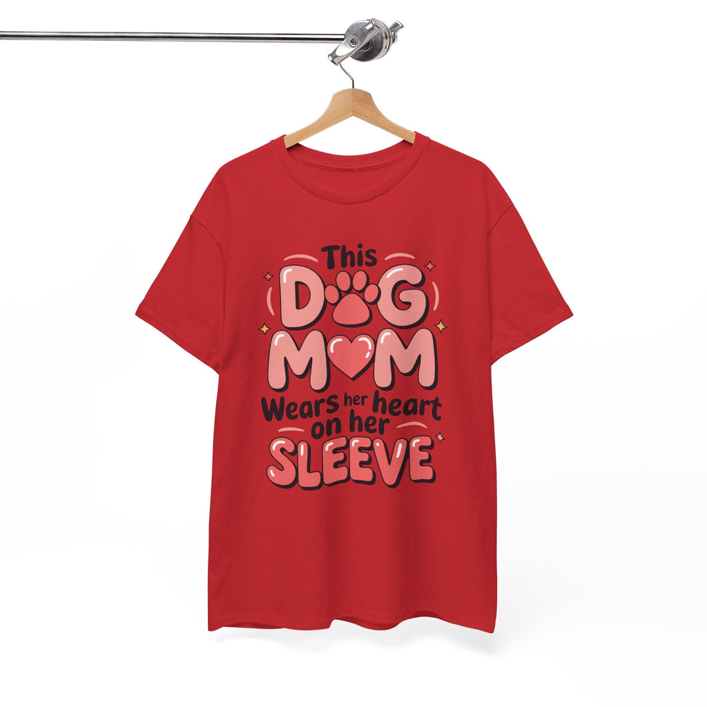 Dog Mom T-Shirt — "This Dog Mom Wears Her Heart on Her Sleeve" Paw & Heart Unisex Cotton Tee