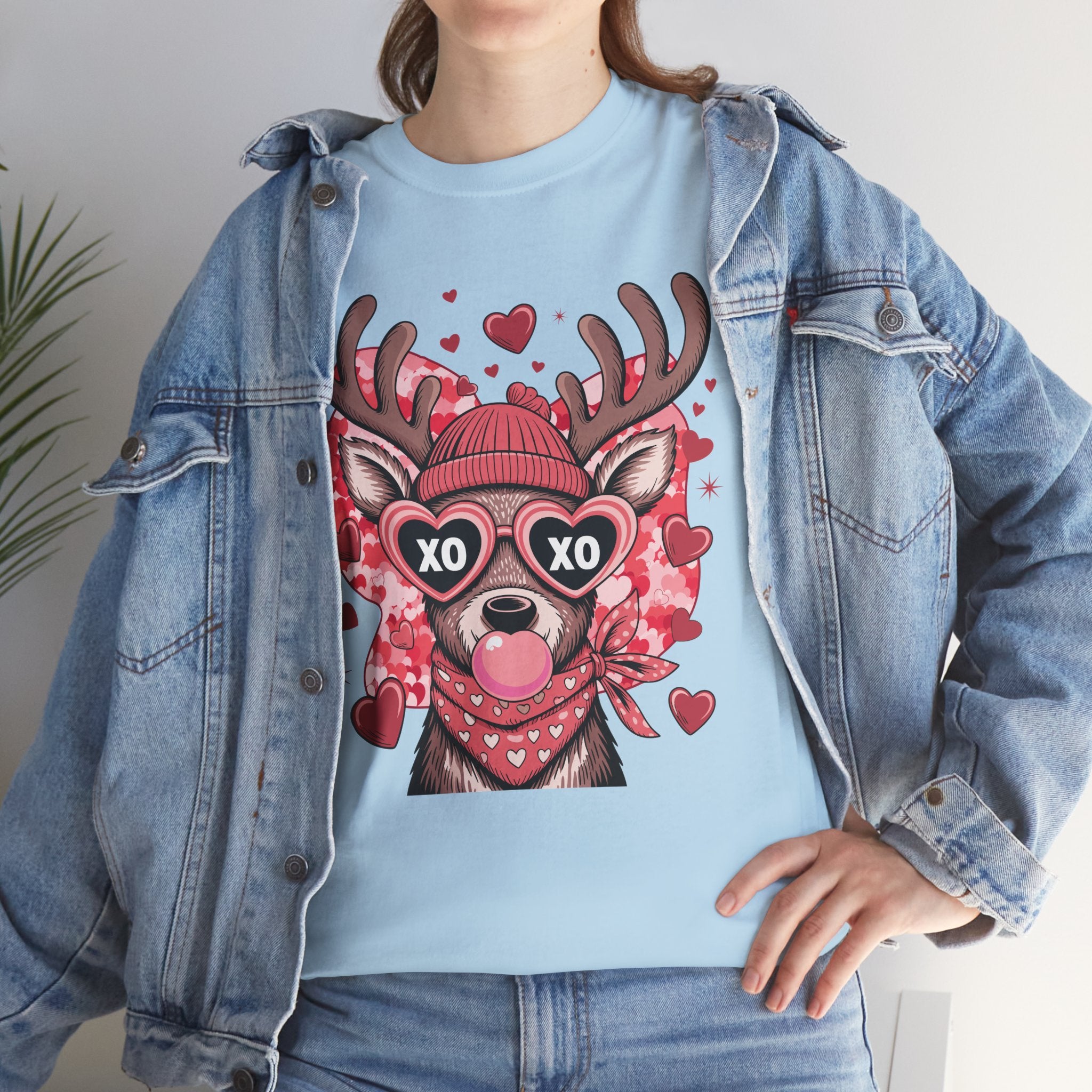 Valentine Deer Tee — Cute XO Heart Glasses, Beanie & Scarf Unisex Cotton Tshirt
