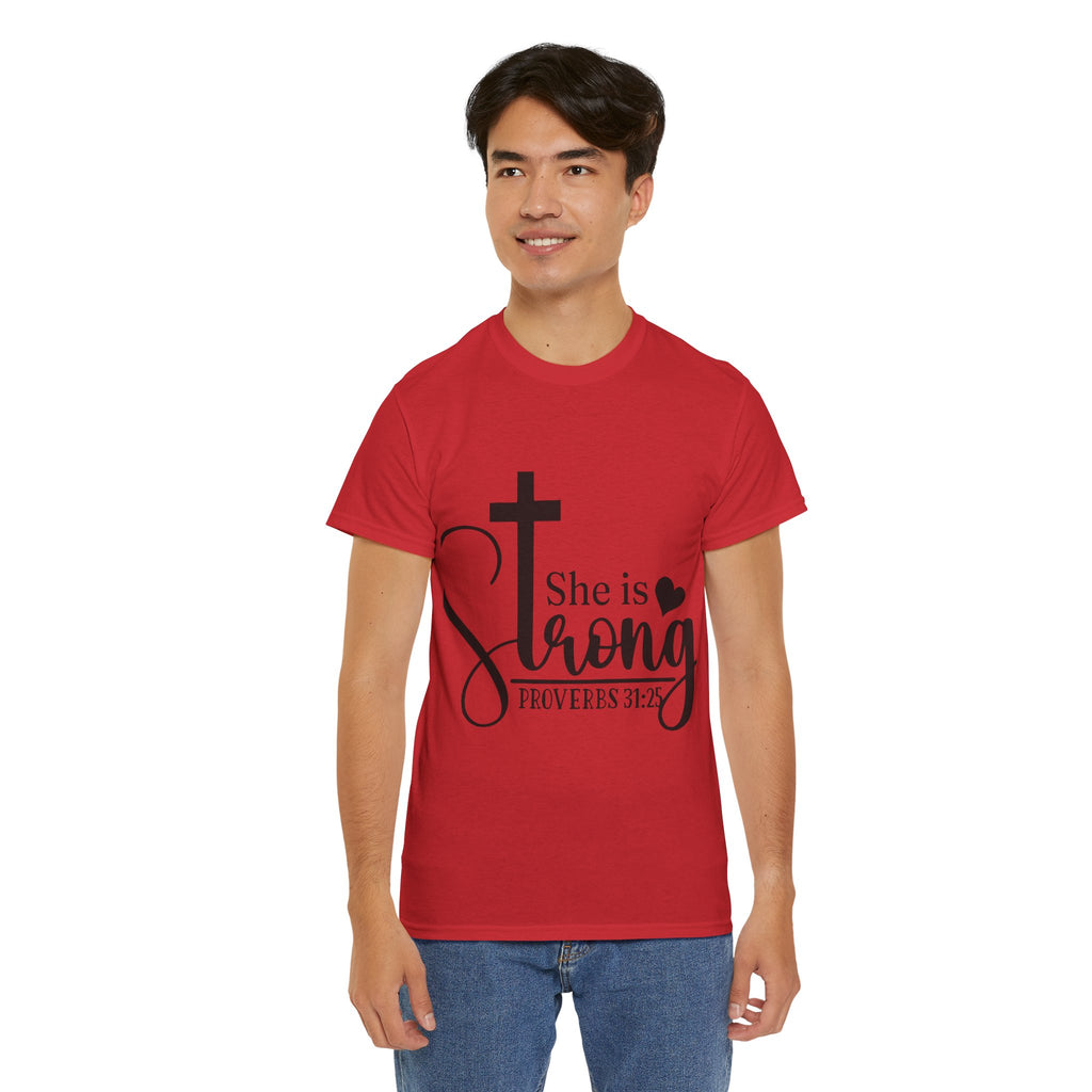 Proverbs 31:25 'She is Strong' T-Shirt – Christian Cross & Heart Unisex Cotton Tee