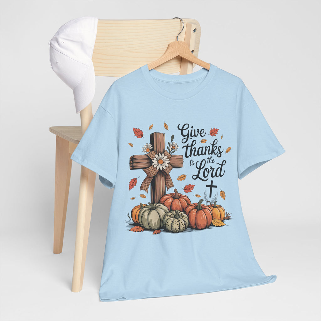 Give Thanks to the Lord Autumn Tee — Wooden Cross, Pumpkins & Daisies..Unisex Cotton Tee