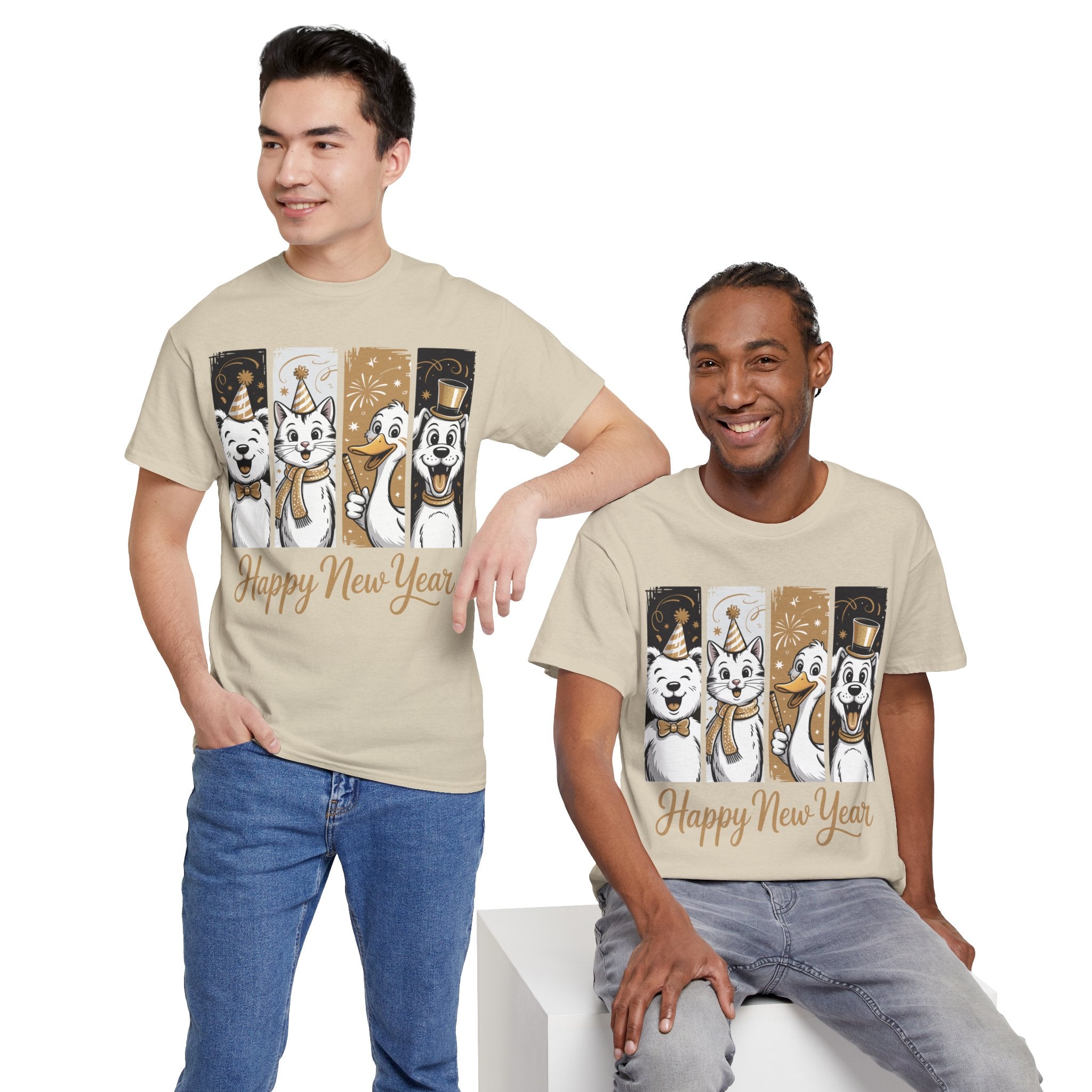 Happy New Year Party Animals T-Shirt — Cute Smiling Animals in Party Hats & Gold Fireworks..Unisex Cotton Tee