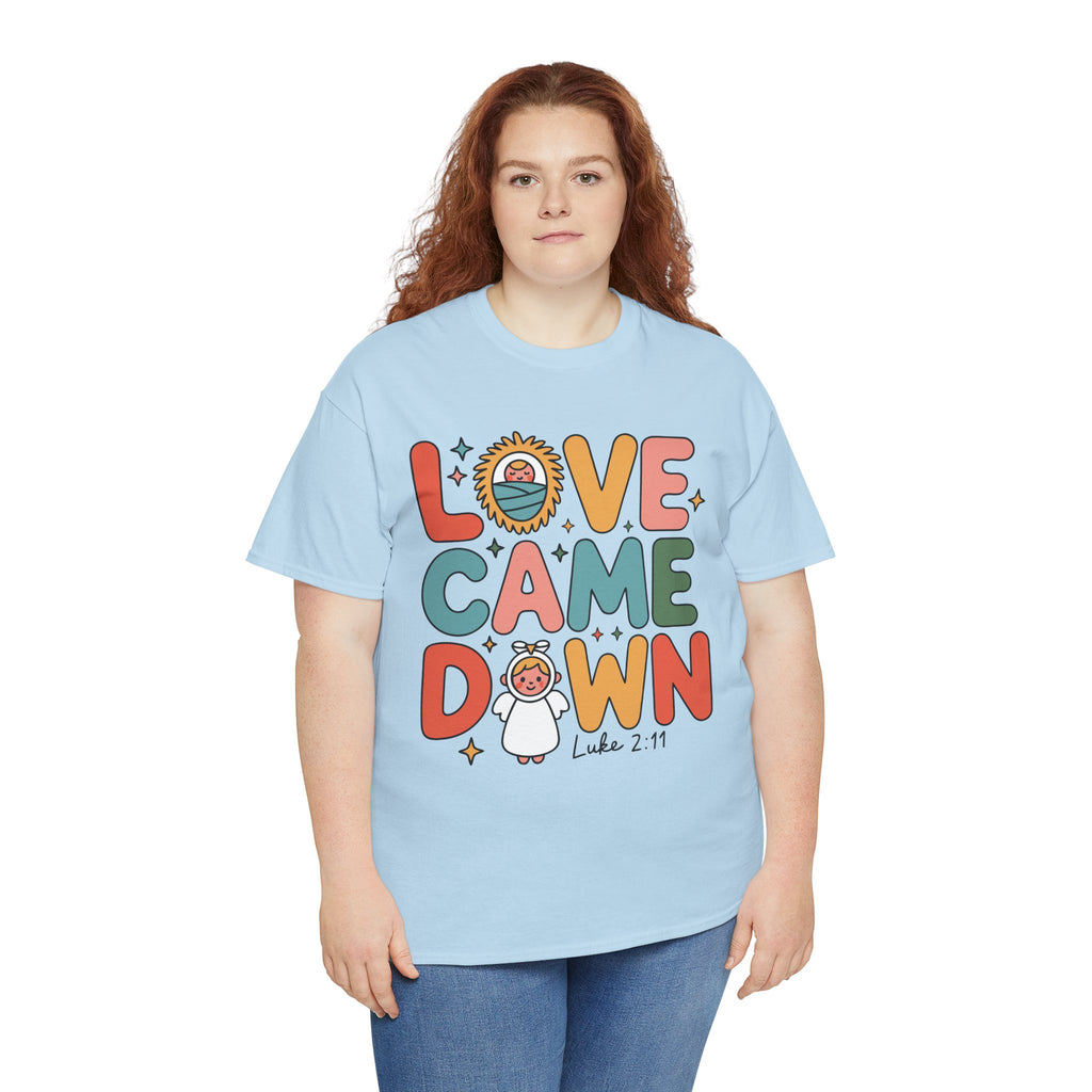 Love Came Down Christmas Tee — Baby Jesus Manger Angel (Luke 2:11)..Unisex Cotton Tee