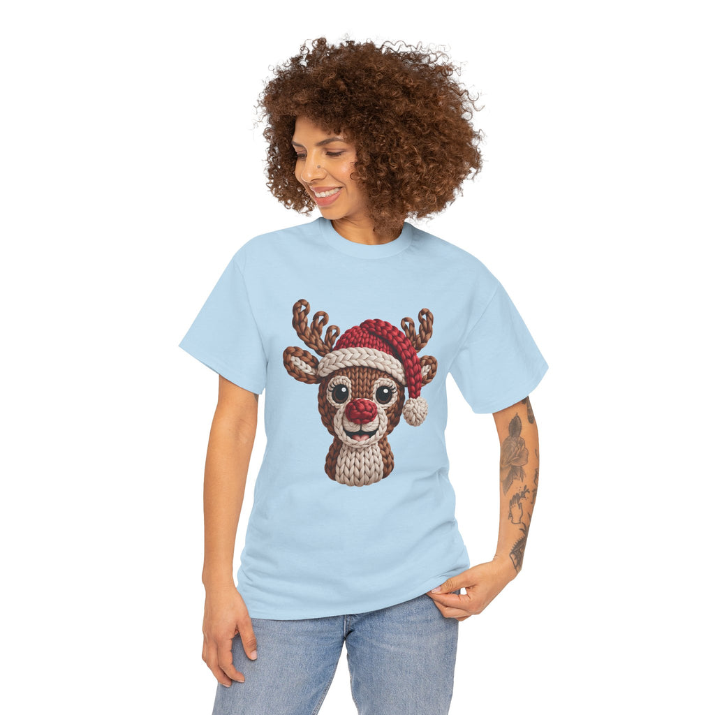 Reindeer in Santa Hat Cotton Tee — Joyful Faux-Yarn Holiday Unisex Coton T-Shirt